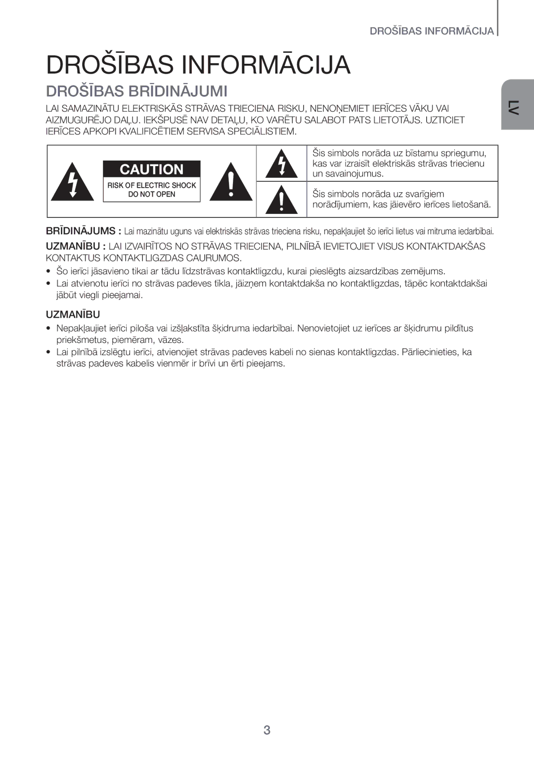 Samsung HW-H600/EN manual Drošības Informācija, Drošības Brīdinājumi 