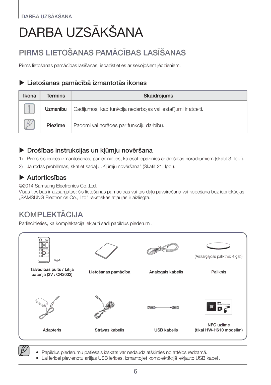 Samsung HW-H600/EN manual Darba Uzsākšana, Pirms Lietošanas Pamācības Lasīšanas, Komplektācija 