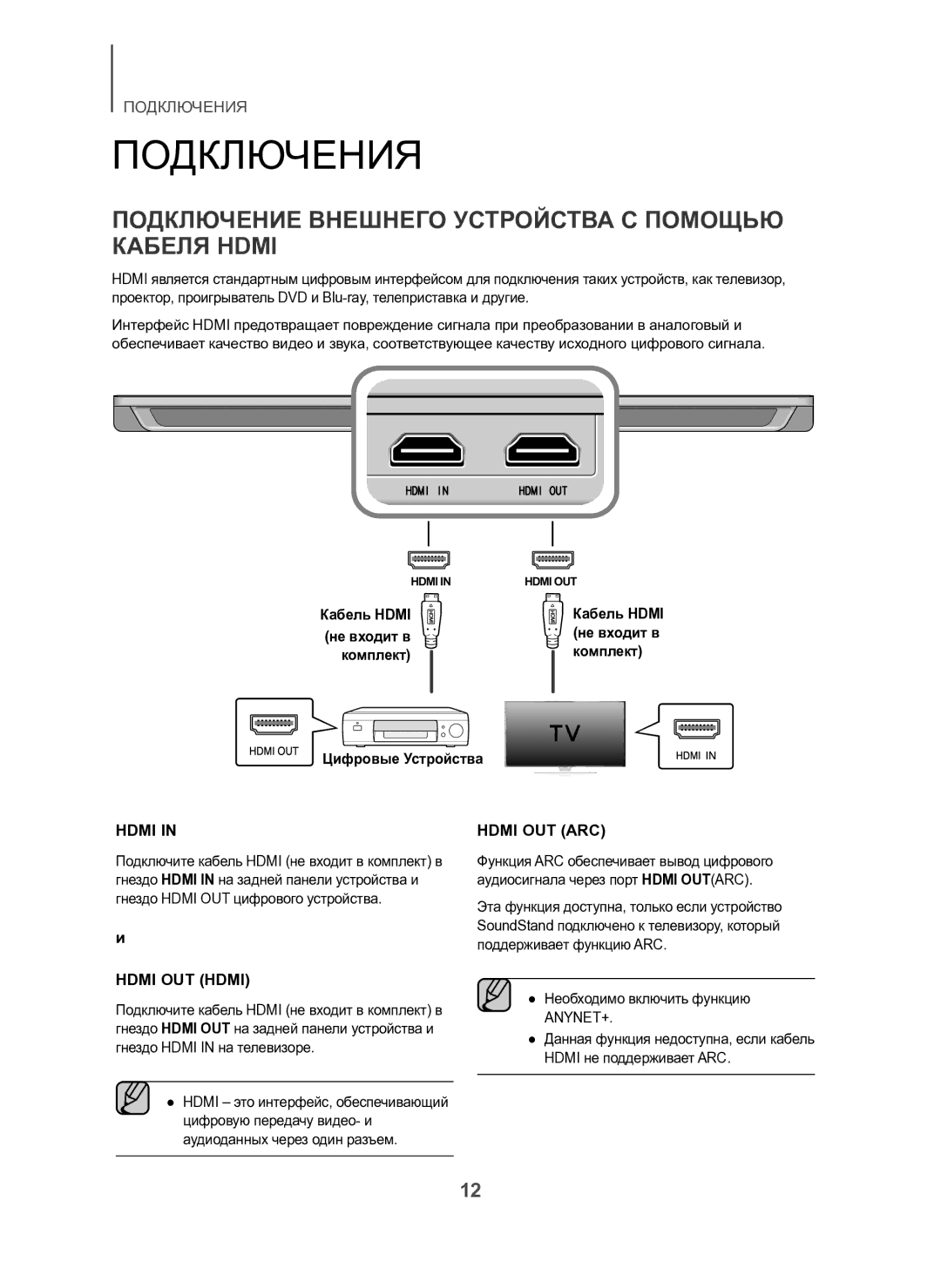 Samsung HW-H600/RU manual Подключения, Подключение Внешнего Устройства С Помощью Кабеля Hdmi 