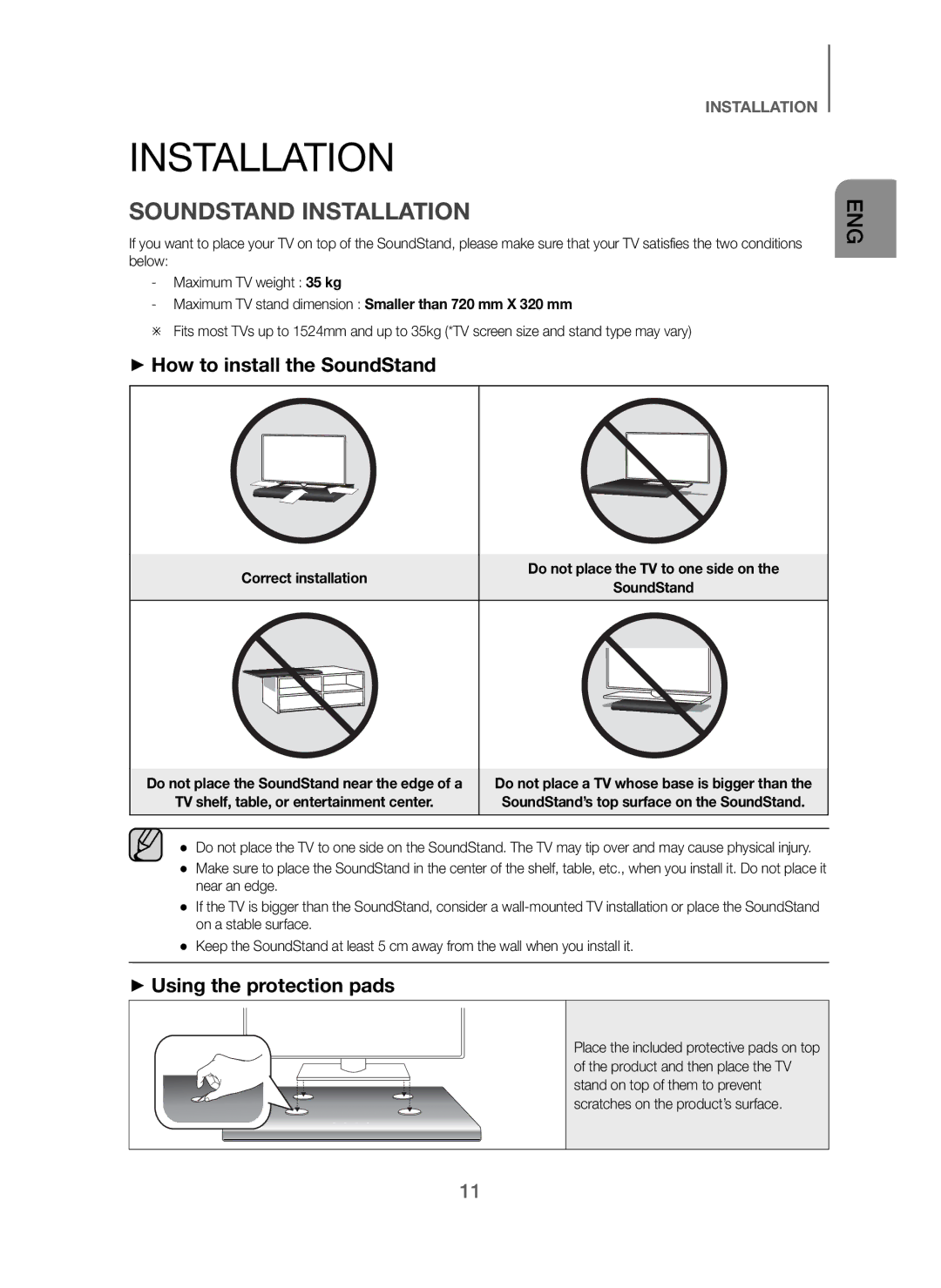 Samsung HW-H600/SQ manual Soundstand Installation, + How to install the SoundStand, + Using the protection pads 