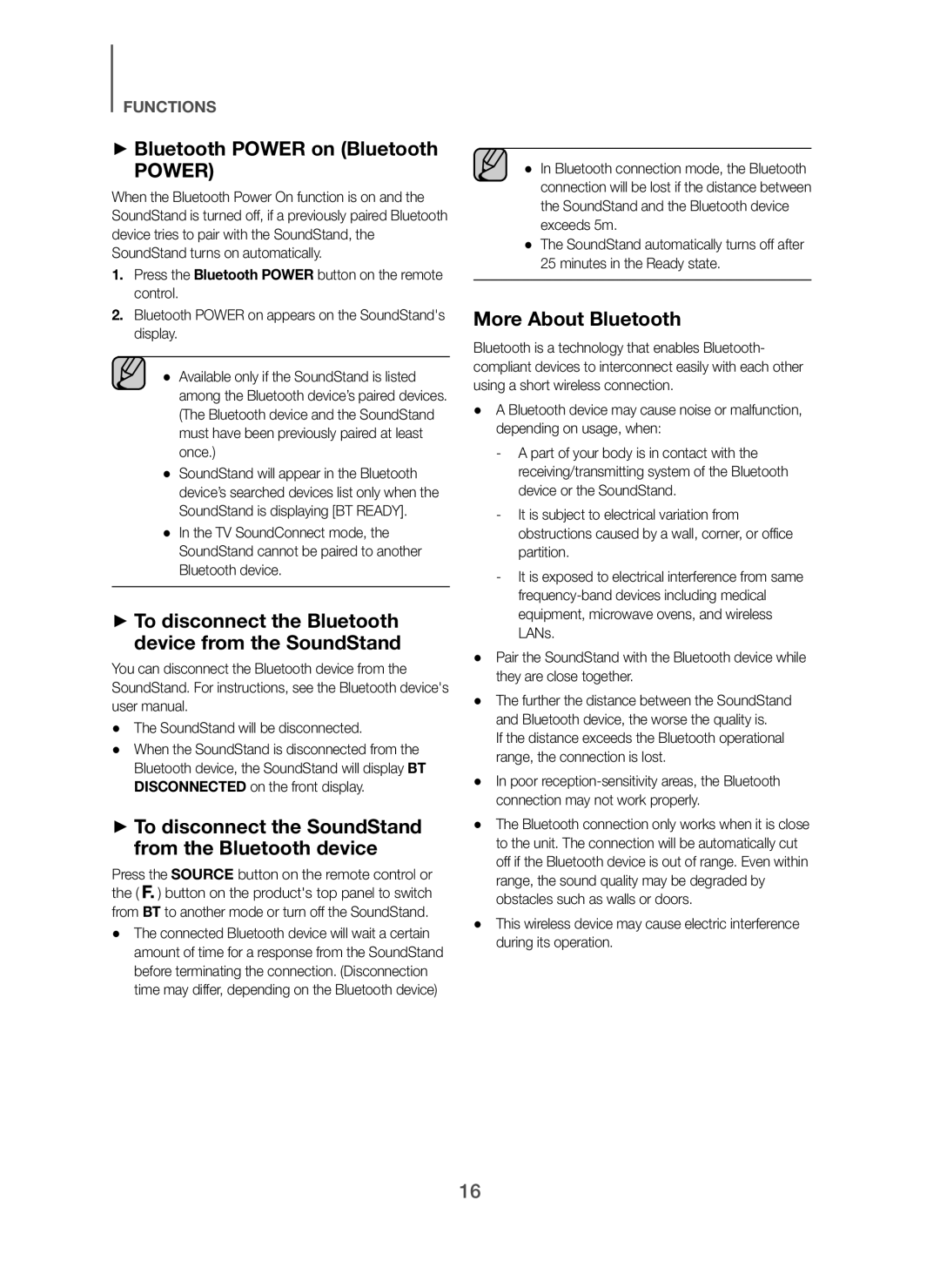 Samsung HW-H600/SQ manual + Bluetooth Power on Bluetooth, + To disconnect the Bluetooth device from the SoundStand 