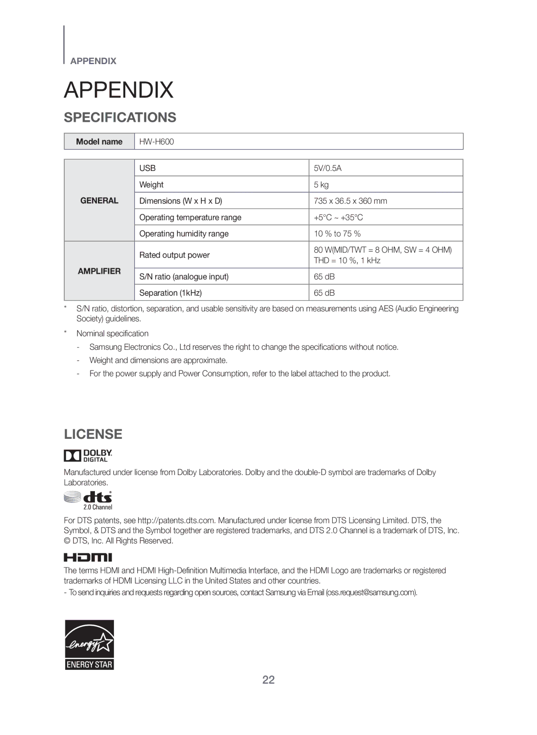 Samsung HW-H600/SQ manual Appendix 