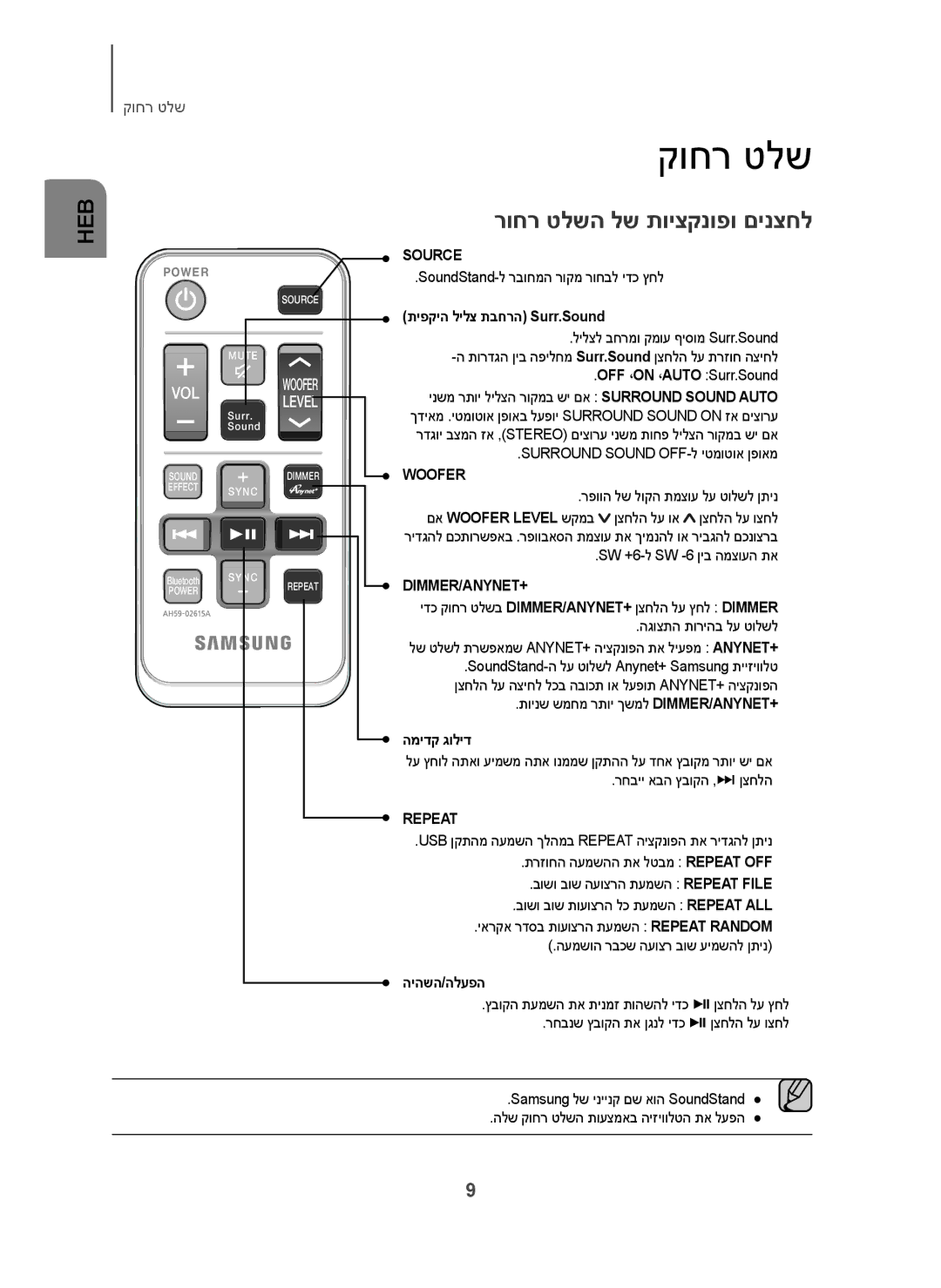 Samsung HW-H600/SQ manual קוחר טלש, רוחר טלשה לש תויצקנופו םינצחל, תיפקיה לילצ תבחרה Surr.Sound, המידק גוליד, היהשה/הלעפה 