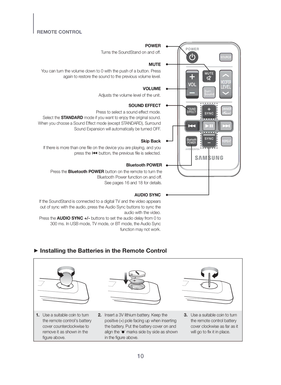 Samsung HW-H600/XV manual + Installing the Batteries in the Remote Control, Skip Back, Bluetooth Power 