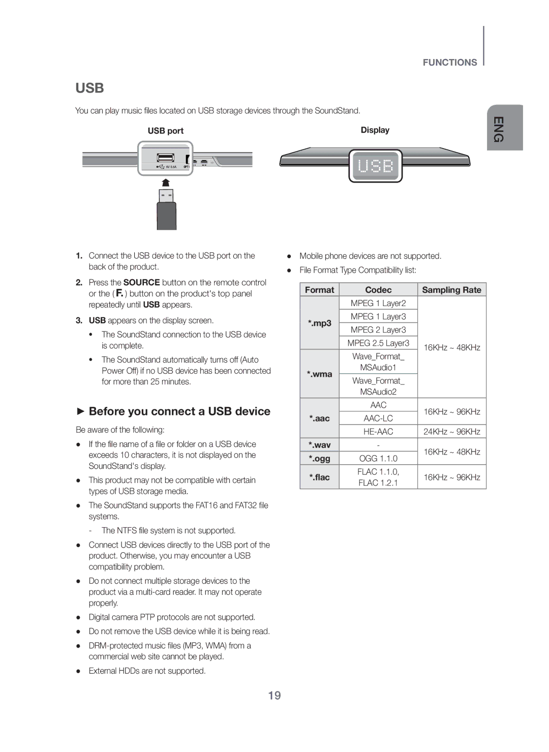 Samsung HW-H600/XV manual Usb, + Before you connect a USB device, USB port Display, Format Codec Sampling Rate, Ogg 