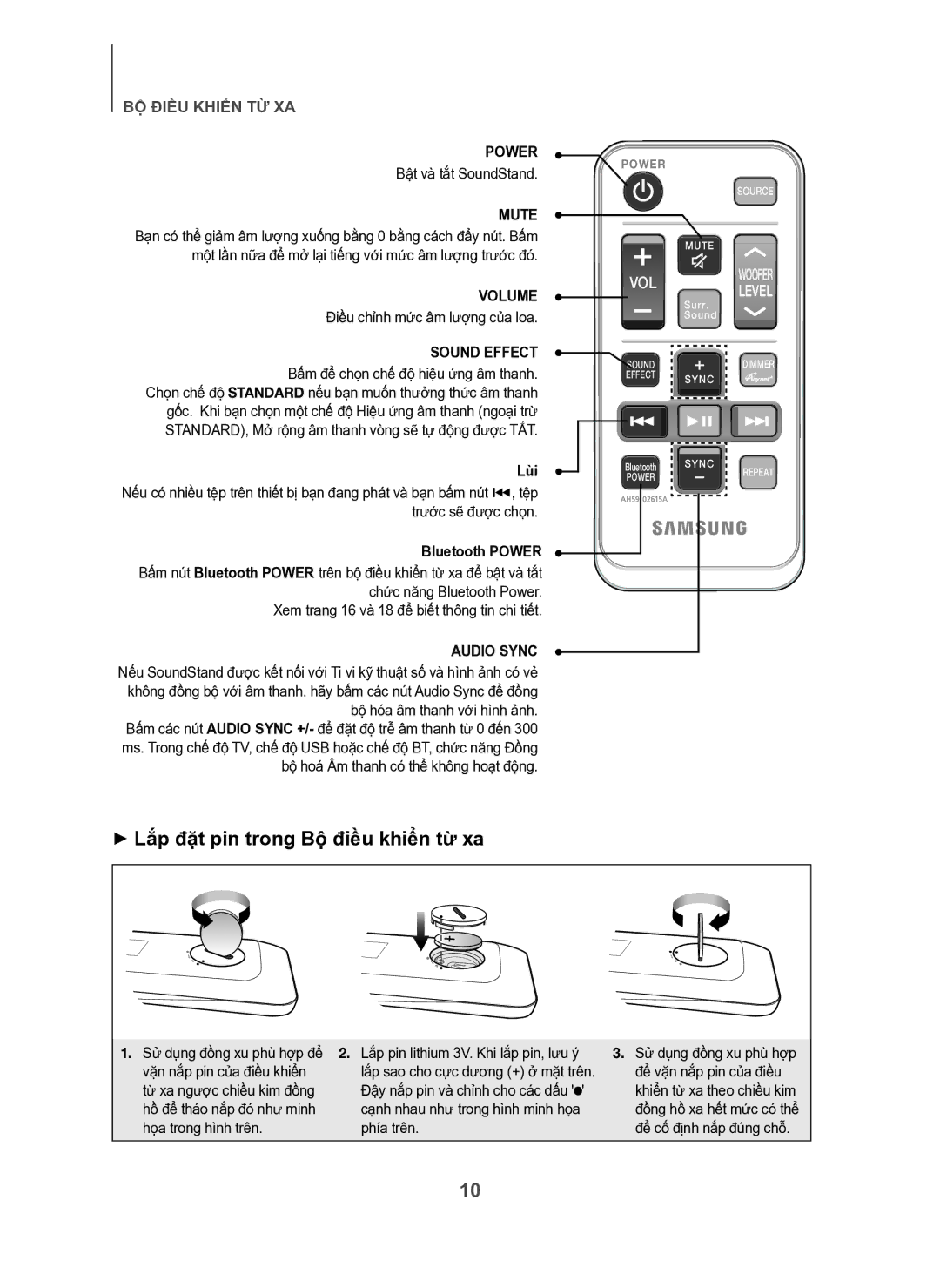 Samsung HW-H600/XV manual + Lắp đặt pin trong Bộ điều khiển từ xa 