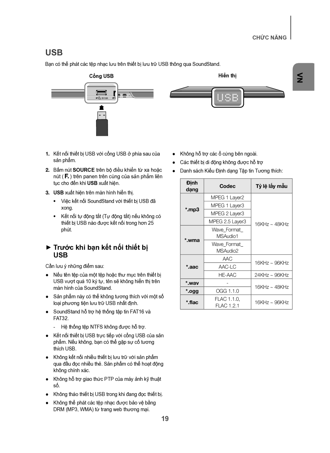 Samsung HW-H600/XV manual Usb, + Trước khi bạn kết nối thiết bị, Cổng USB Hiển thị, Định Codec Tỷ lệ lấy mẫu, Ogg 