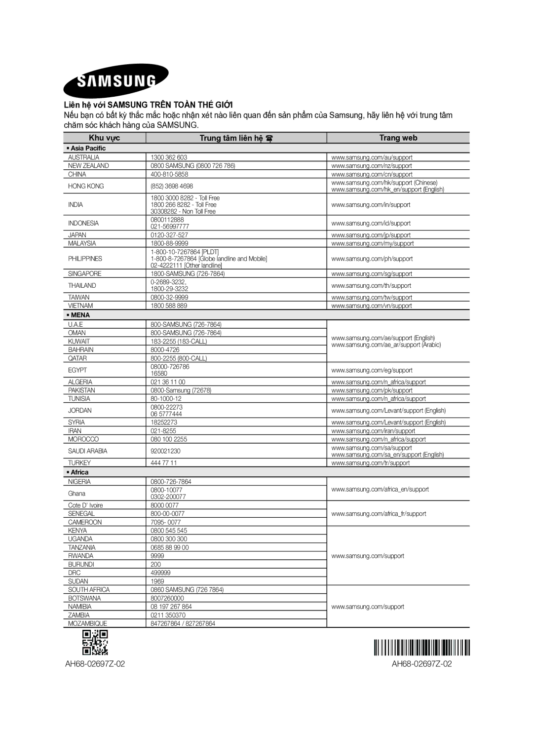 Samsung HW-H600/XV manual Liên hệ với Samsung Trên Toàn THẾ Giới, AH68-02697Z-02 