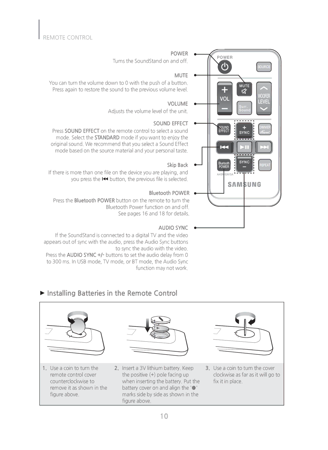 Samsung HW-H600/ZA manual + Installing Batteries in the Remote Control, Skip Back, Bluetooth Power 