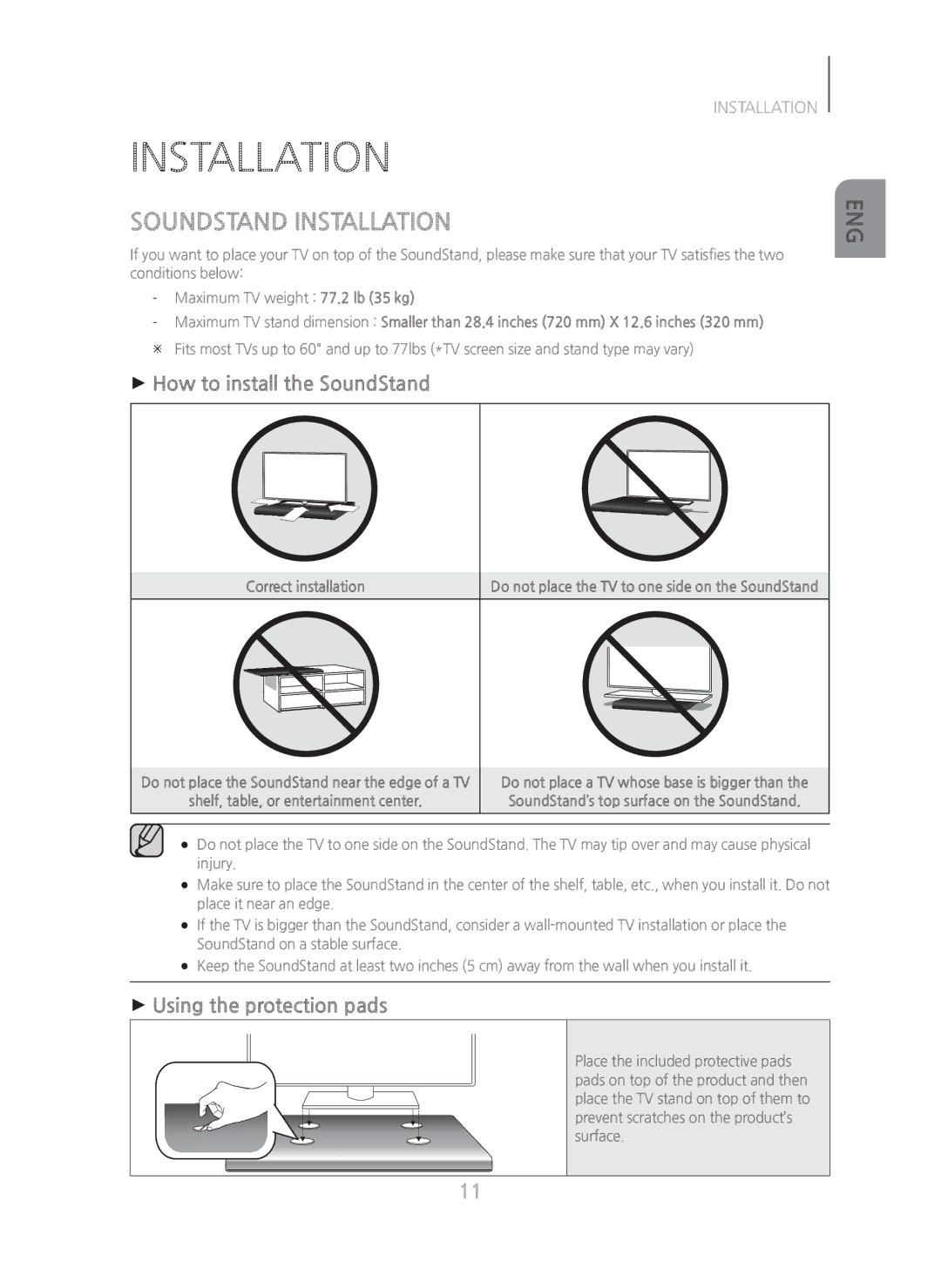 Samsung HW-H600/ZA manual Soundstand Installation, + How to install the SoundStand, + Using the protection pads 