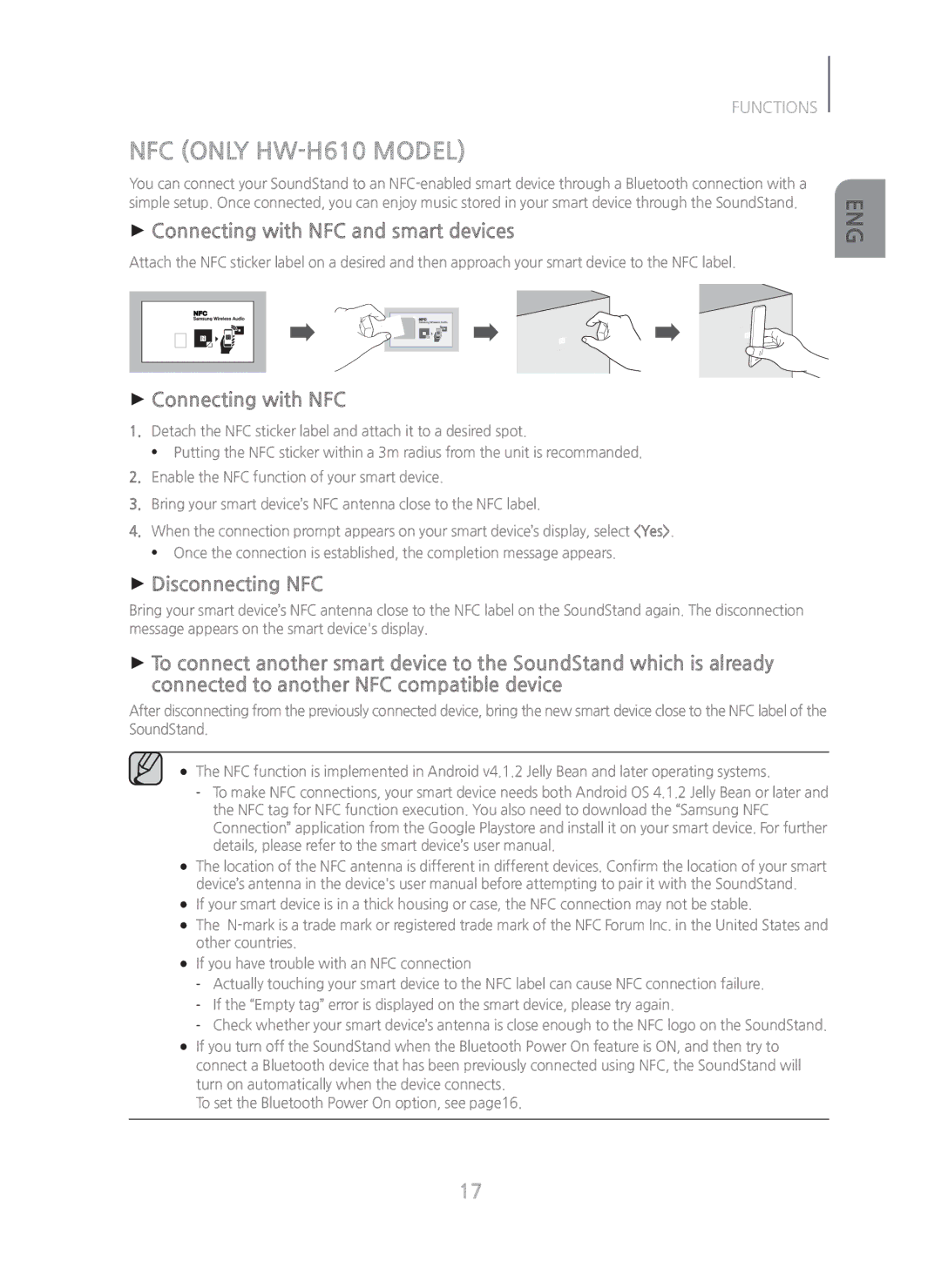 Samsung HW-H600/ZA manual NFC only HW-H610 Model, + Connecting with NFC and smart devices, + Disconnecting NFC 