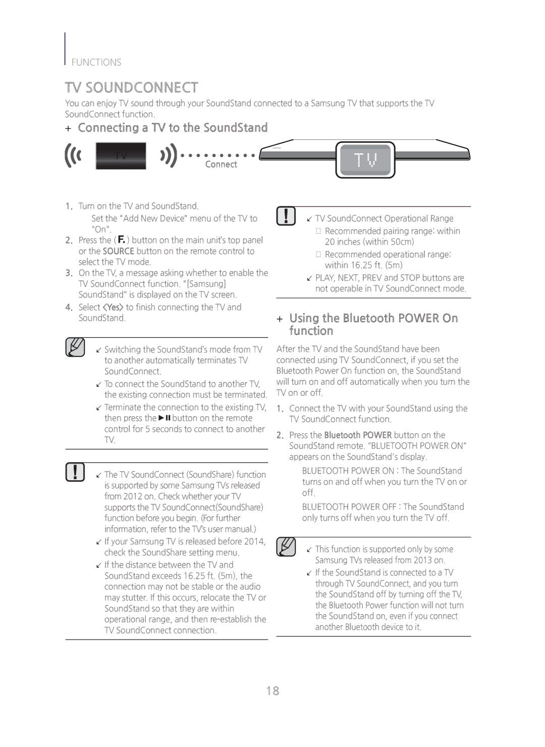 Samsung HW-H600/ZA manual TV Soundconnect, + Connecting a TV to the SoundStand, + Using the Bluetooth Power On function 