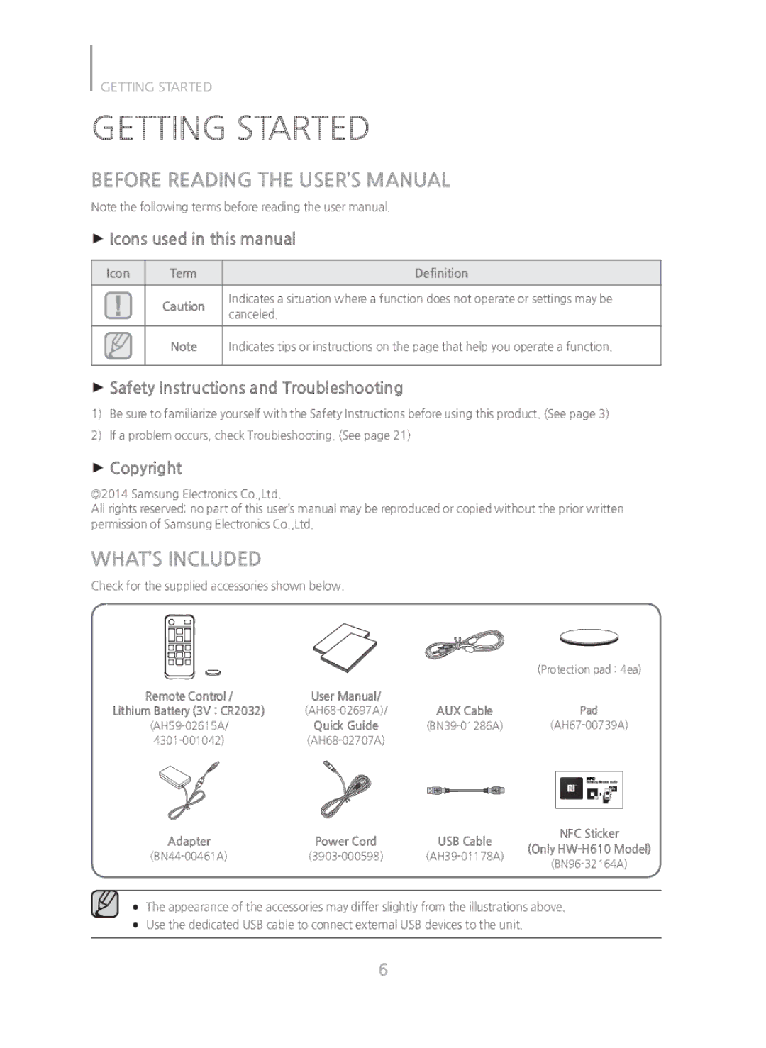 Samsung HW-H600/ZA manual Getting Started, Before Reading the USER’S Manual, WHAT’S Included 