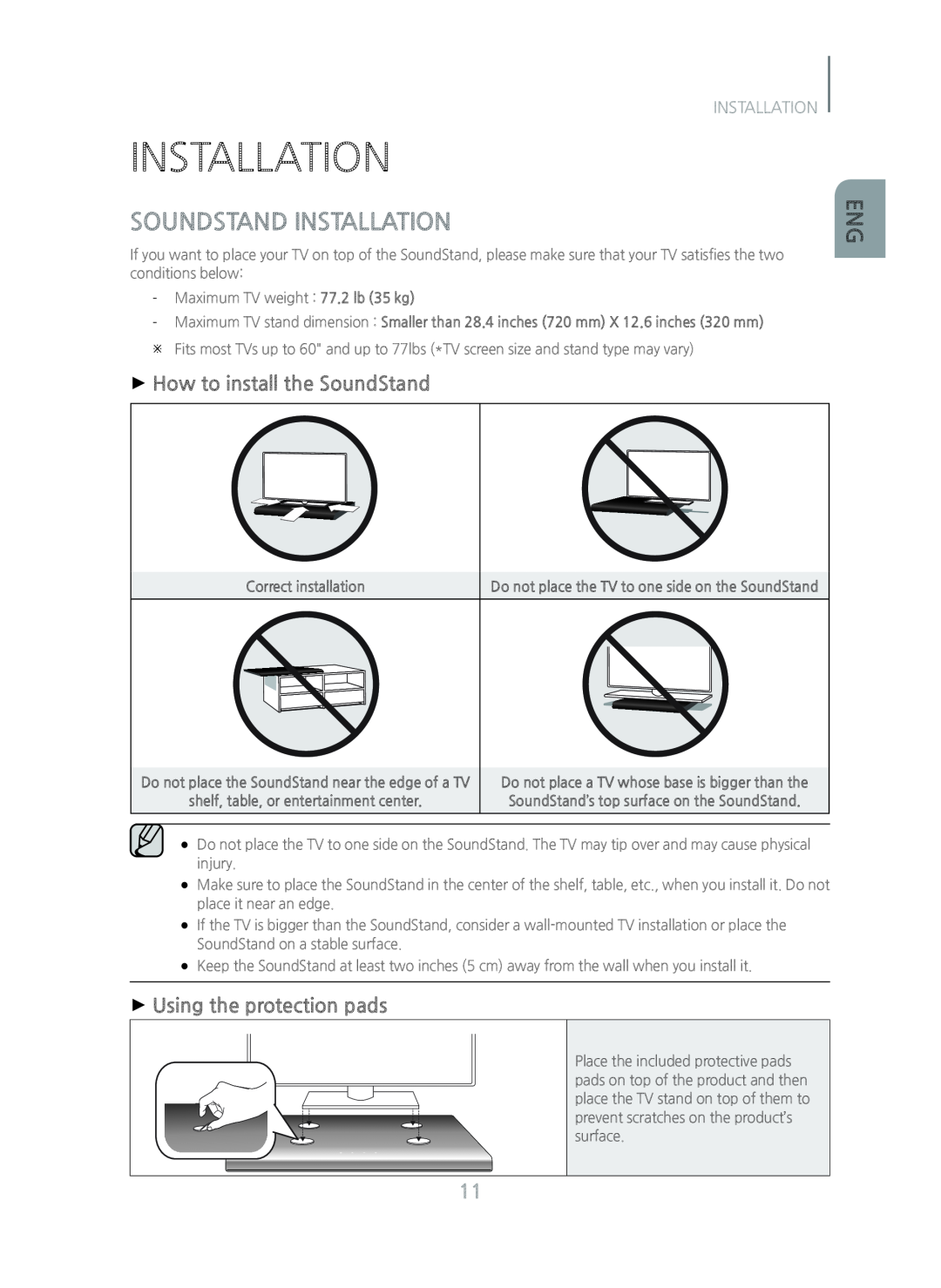 Samsung HW-H600/ZA manual Soundstand Installation, +How to install the SoundStand, +Using the protection pads 