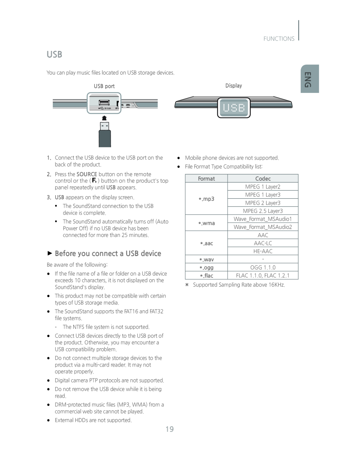 Samsung HW-H600/ZA manual +Before you connect a USB device, Functions, USB port, Display, Format, Codec, flac 