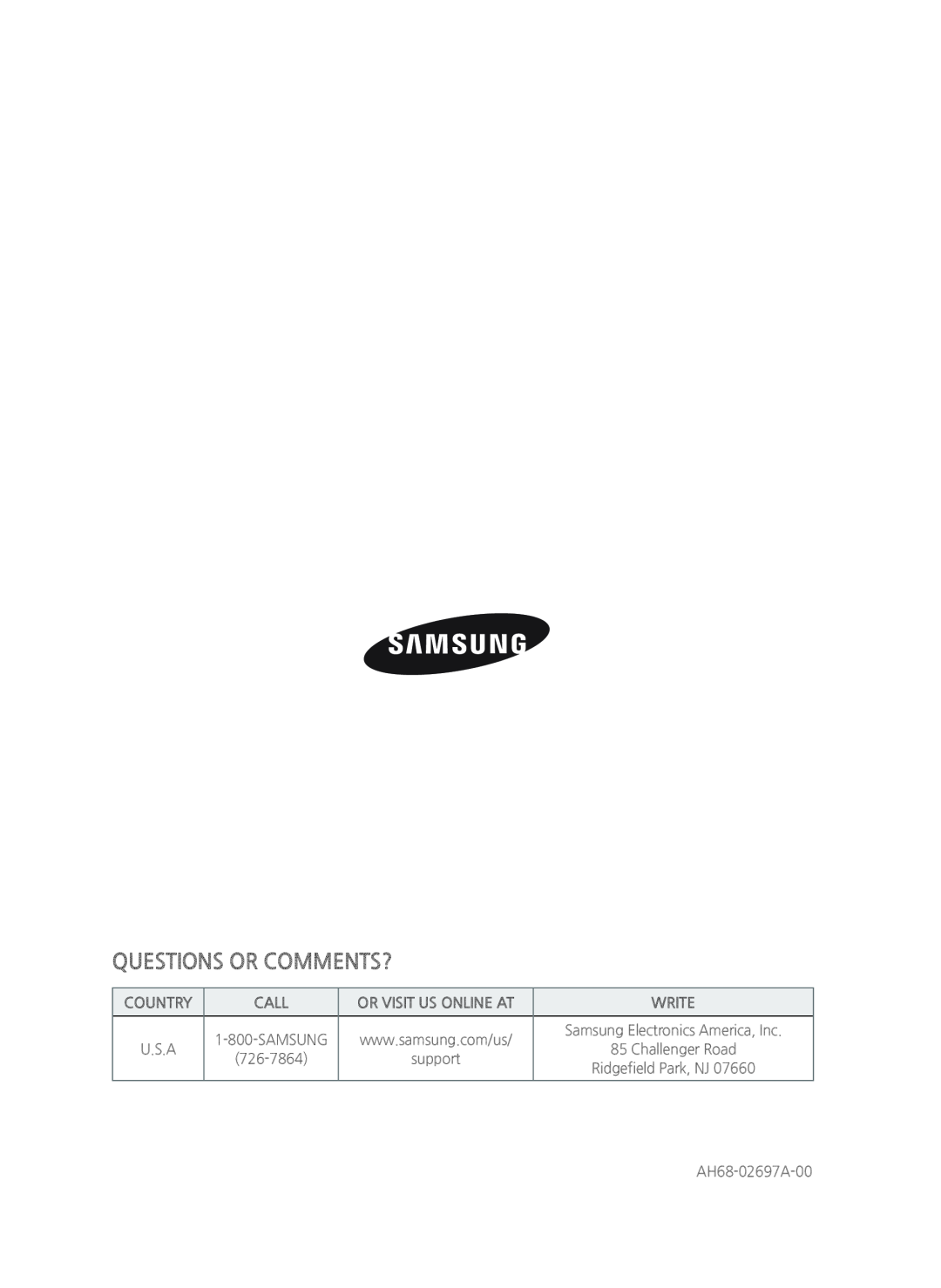Samsung HW-H600/ZA manual Questions Or Comments?, Country, Call, Or Visit Us Online At, Write 