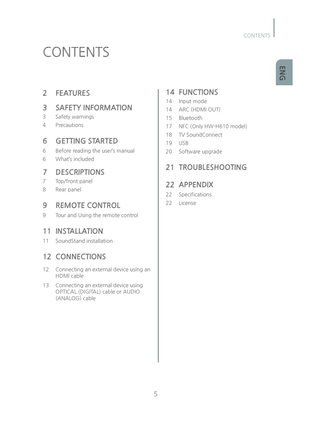 Samsung HW-H600/ZA Contents, 2FEATURES 3SAFETY INFORMATION, 6GETTING STARTED, 7DESCRIPTIONS, 9REMOTE CONTROL, Installation 