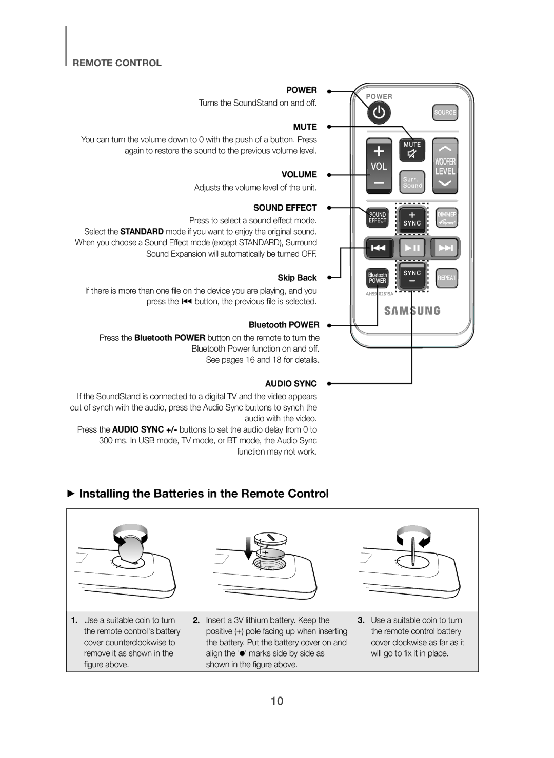 Samsung HW-H610/XE manual + Installing the Batteries in the Remote Control, Turns the SoundStand on and off, Skip Back 