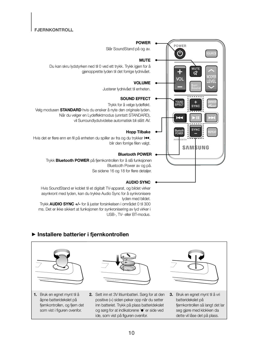 Samsung HW-H610/XE, HW-H600/XE manual + Installere batterier i fjernkontrollen, Hopp Tilbake 