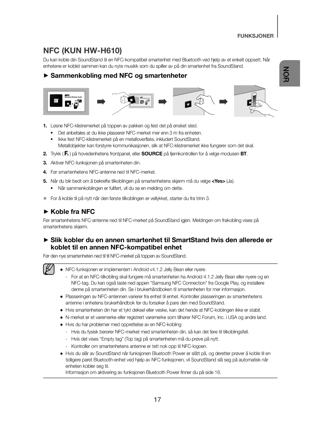 Samsung HW-H600/XE, HW-H610/XE manual NFC KUN HW-H610, + Sammenkobling med NFC og smartenheter, + Koble fra NFC 