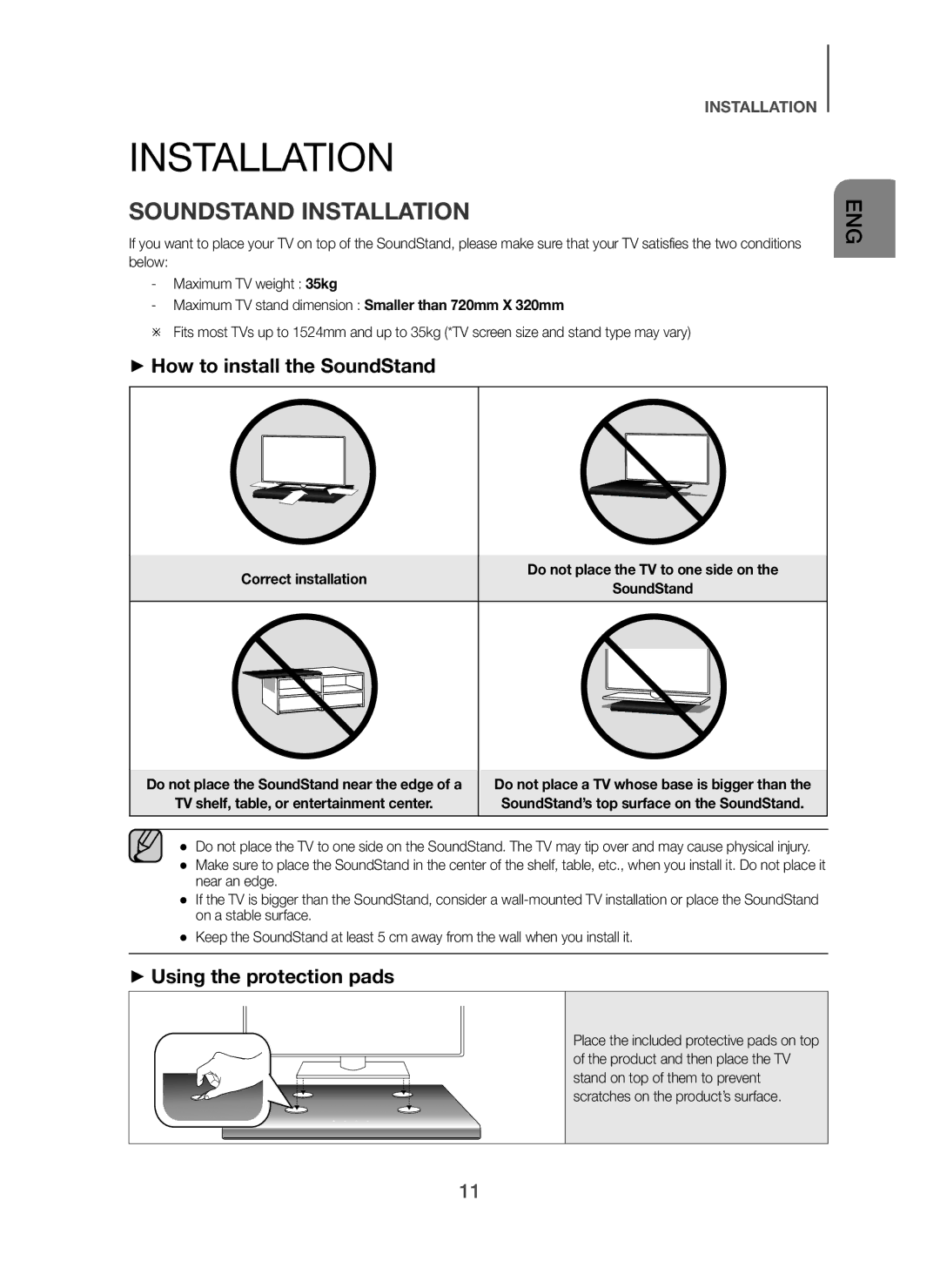 Samsung HW-H600/XE, HW-H610/XE Soundstand Installation, + How to install the SoundStand, + Using the protection pads 