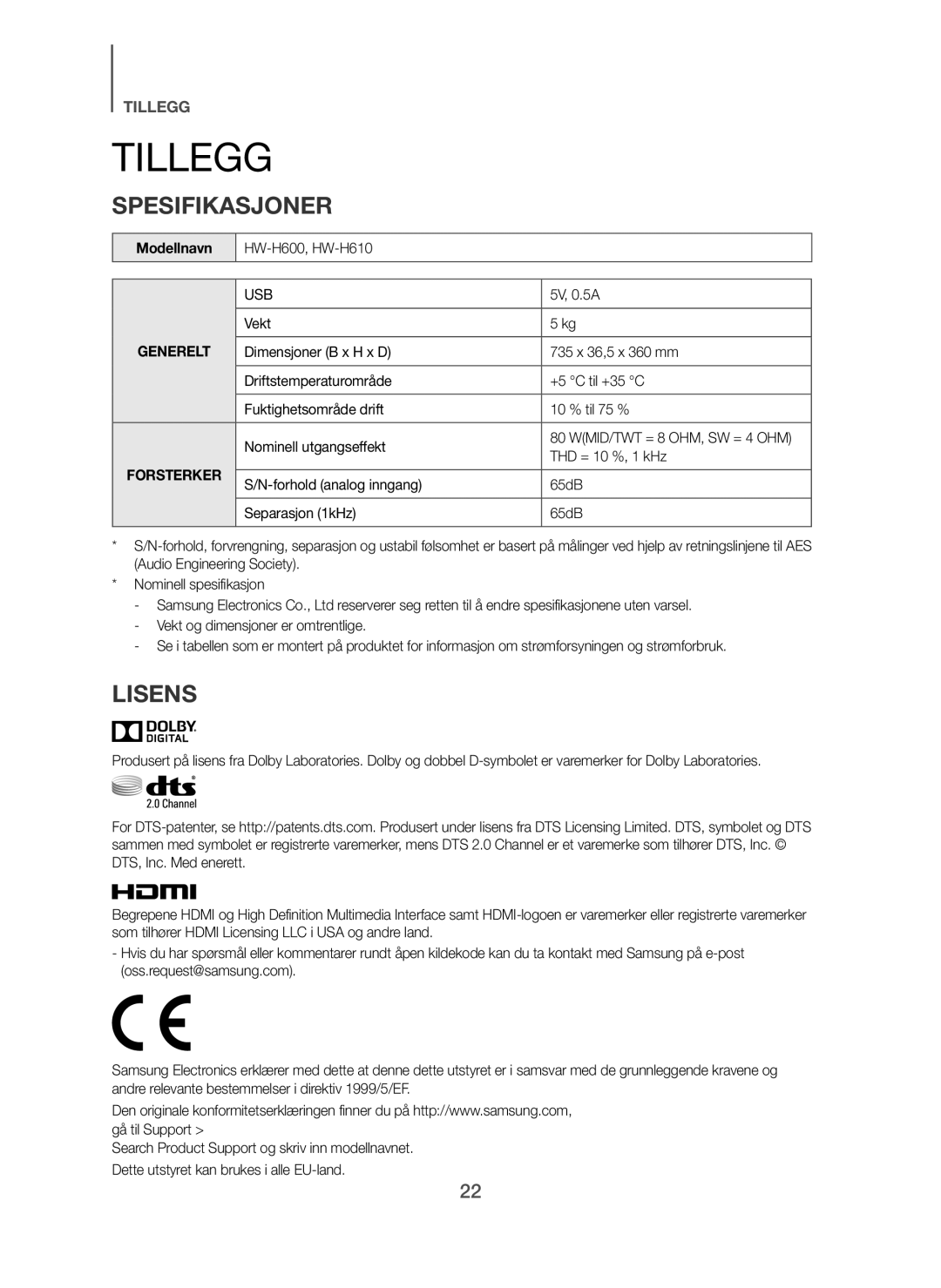 Samsung HW-H610/XE, HW-H600/XE manual Tillegg, Spesifikasjoner, Lisens, Modellnavn, 5V, 0.5A 