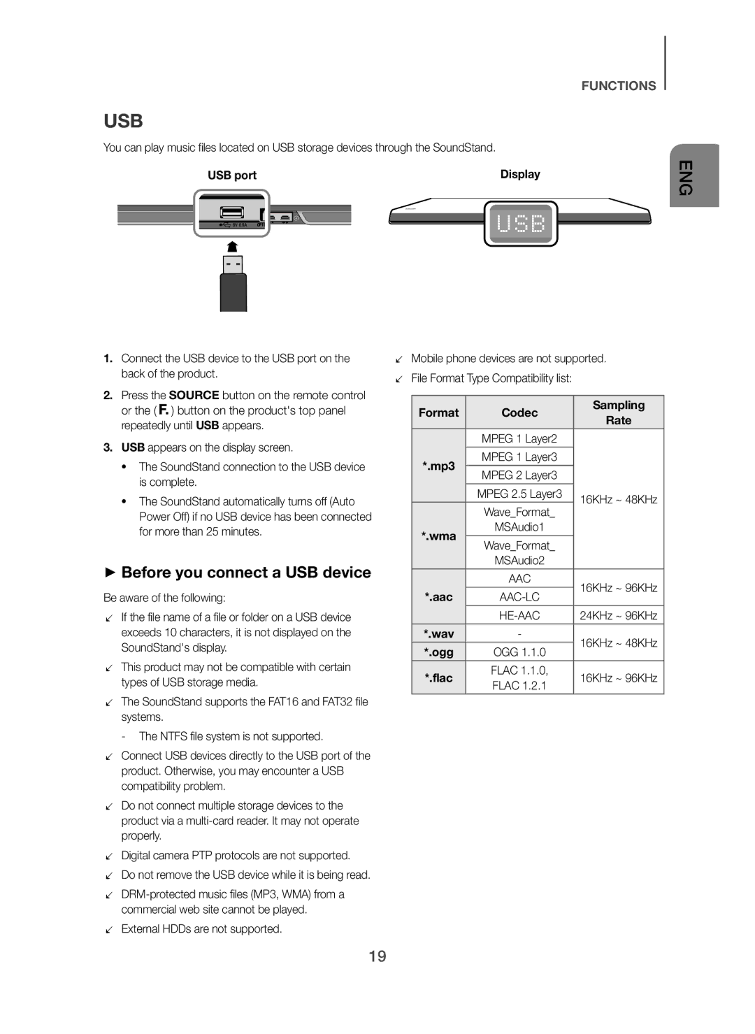 Samsung HW-H600/XE, HW-H610/XE Usb, + Before you connect a USB device, USB port Display, Format Codec Sampling Rate, Ogg 