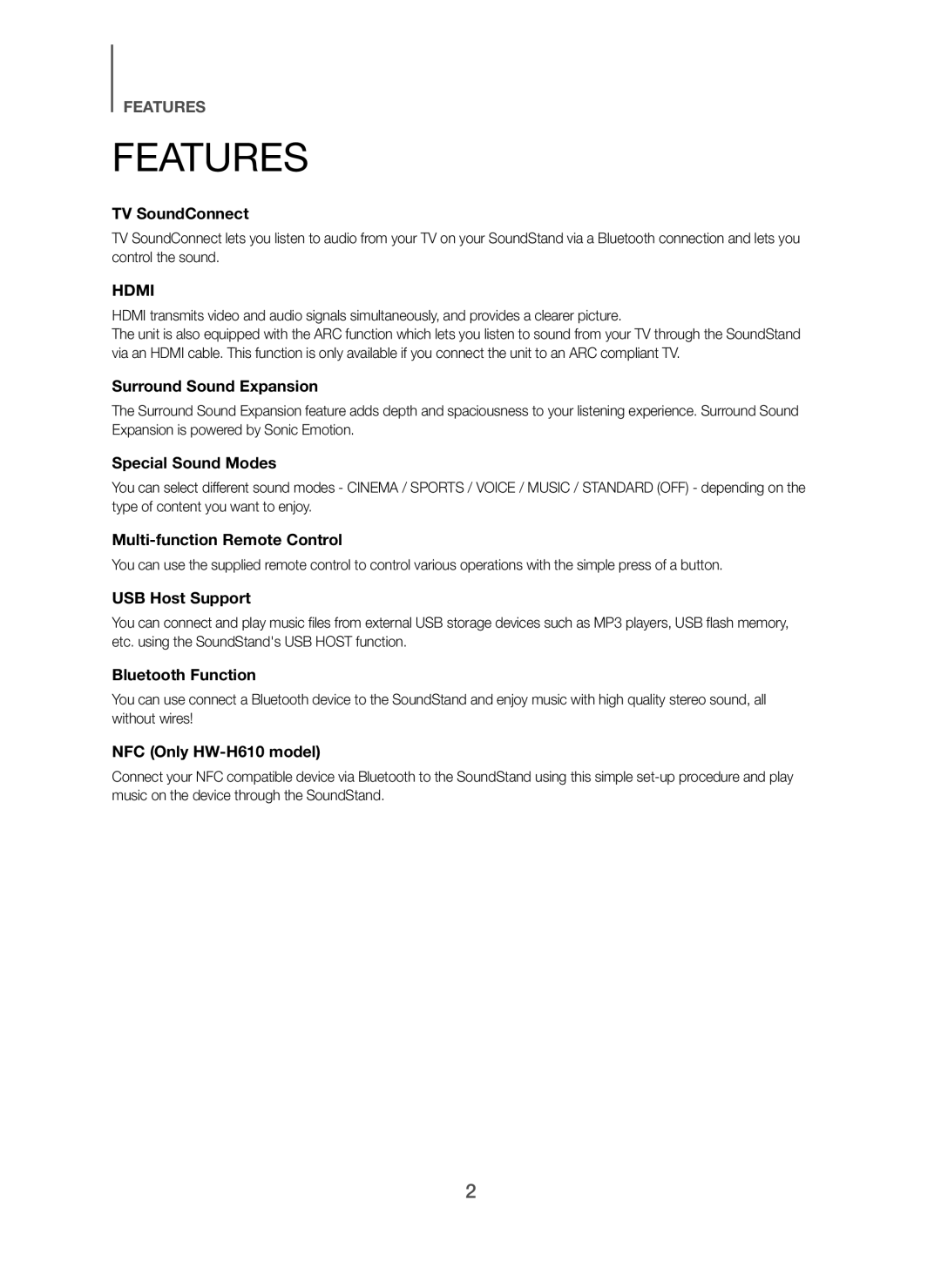 Samsung HW-H610/XE, HW-H600/XE manual Features, TV SoundConnect 