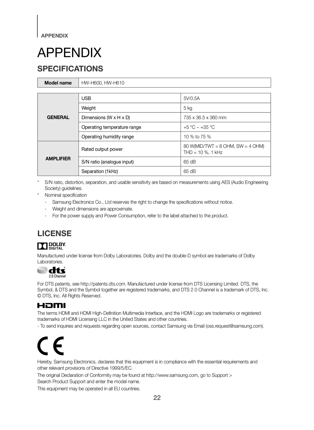 Samsung HW-H610/XE, HW-H600/XE manual Appendix, Specifications, License, Model name 