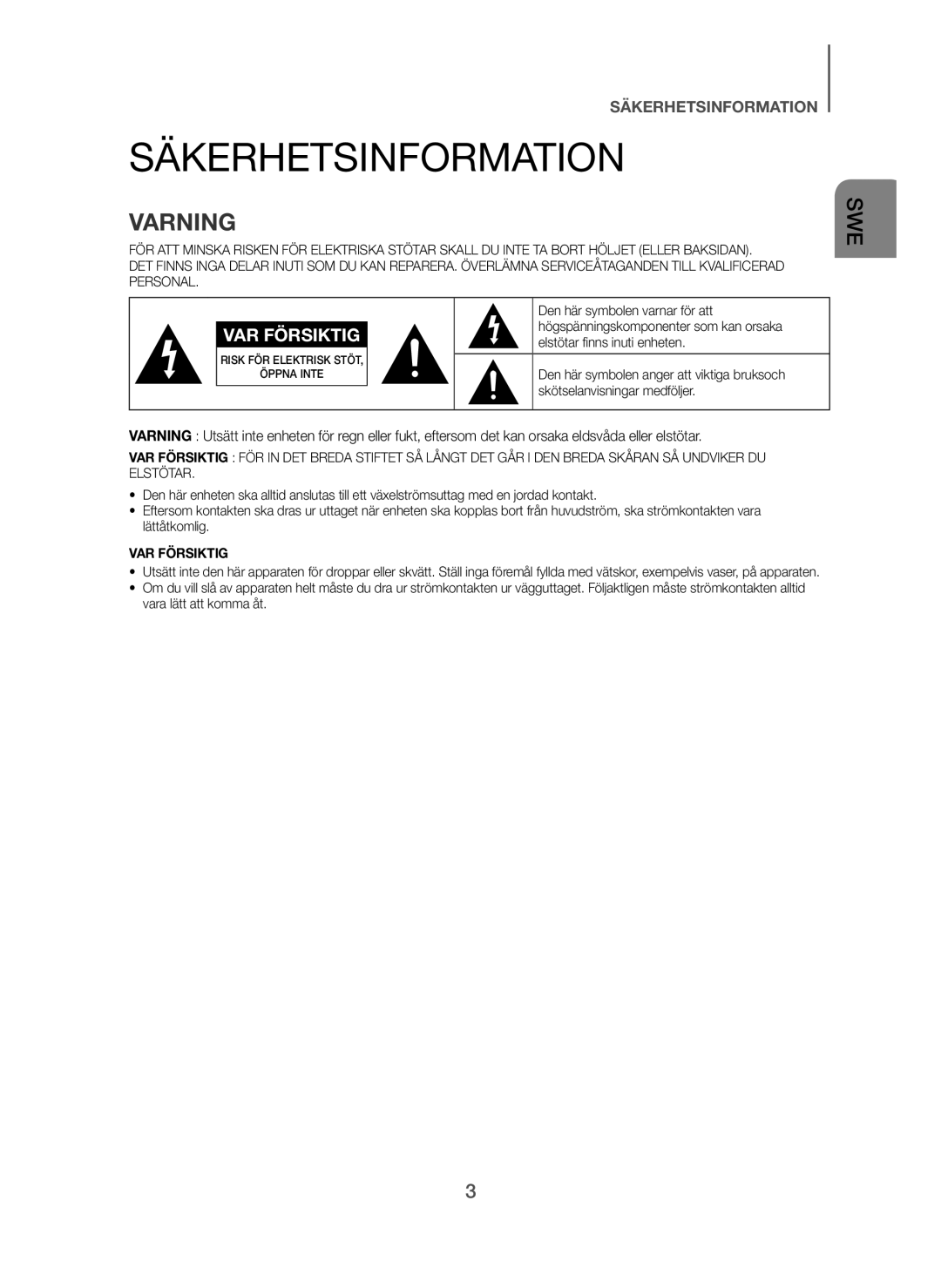 Samsung HW-H610/XE, HW-H600/XE manual Säkerhetsinformation, Varning 