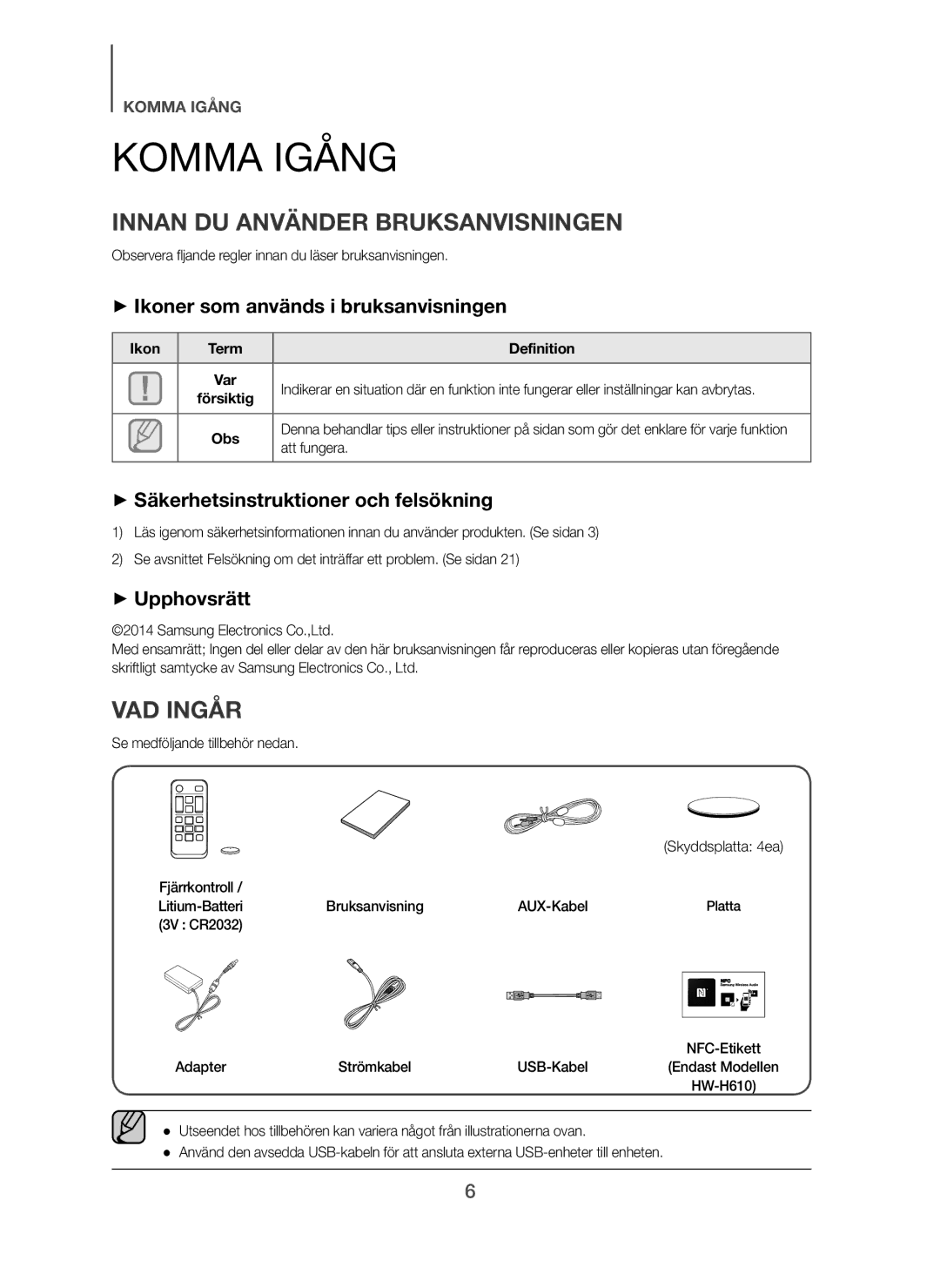 Samsung HW-H600/XE, HW-H610/XE manual Komma Igång, Innan DU Använder Bruksanvisningen, VAD Ingår 