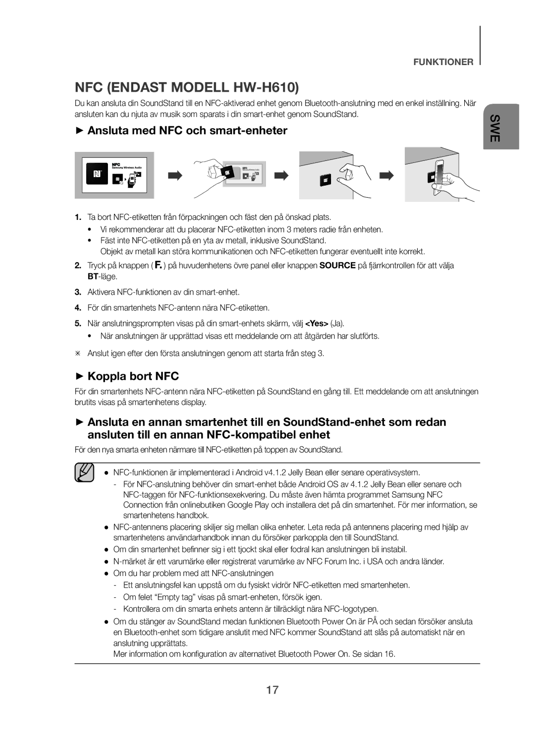 Samsung HW-H610/XE, HW-H600/XE manual NFC Endast Modell HW-H610, + Ansluta med NFC och smart-enheter, + Koppla bort NFC 