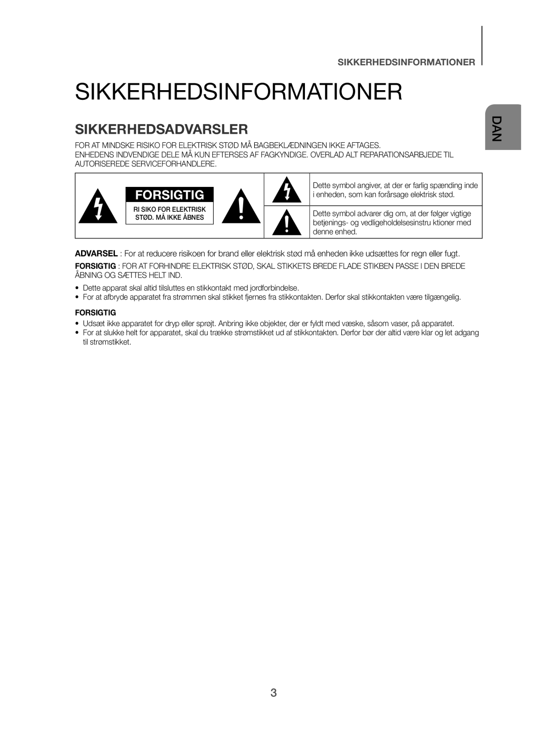 Samsung HW-H600/XE, HW-H610/XE manual Sikkerhedsinformationer, Sikkerhedsadvarsler 