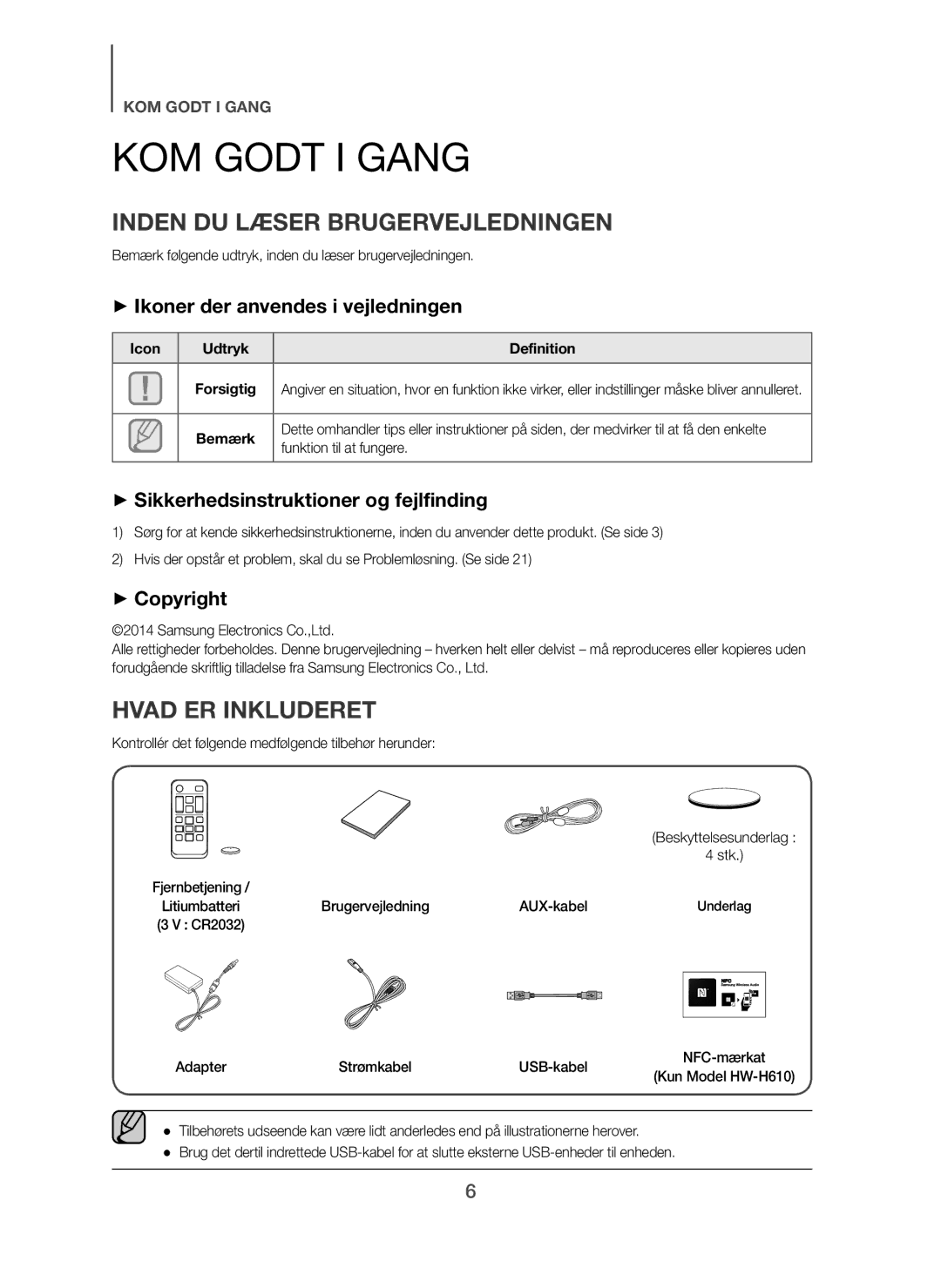 Samsung HW-H610/XE, HW-H600/XE manual KOM Godt I Gang, Inden DU Læser Brugervejledningen, Hvad ER Inkluderet 