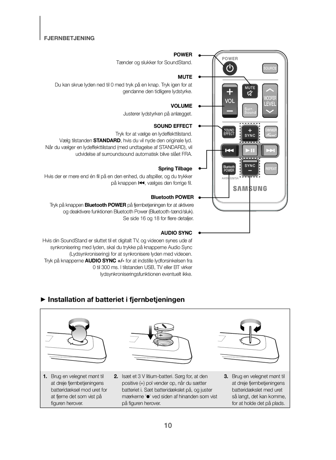 Samsung HW-H610/XE, HW-H600/XE manual + Installation af batteriet i fjernbetjeningen, Spring Tilbage 