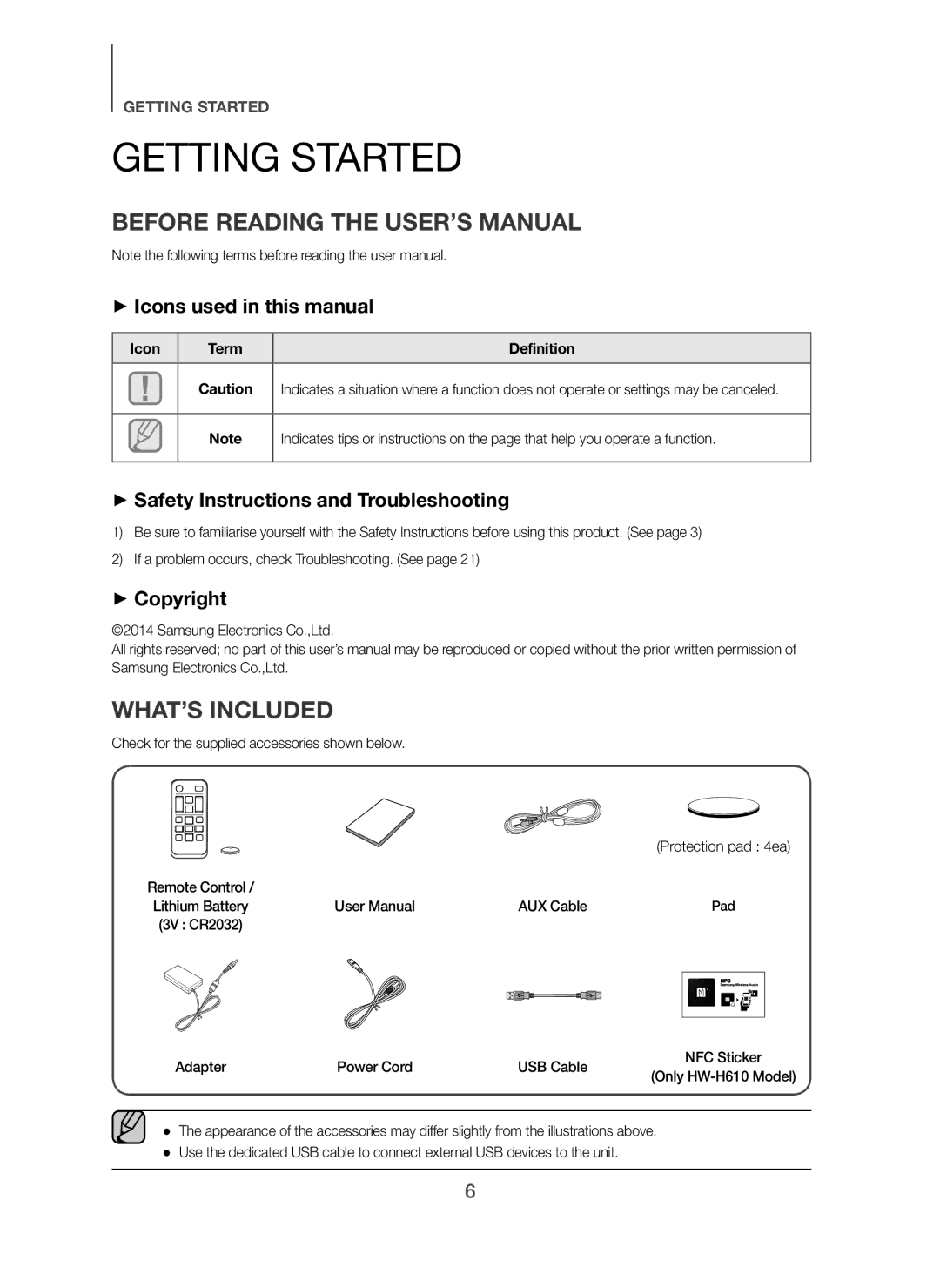 Samsung HW-H610/XE, HW-H600/XE manual Getting Started, Before Reading the USER’S Manual, WHAT’S Included 