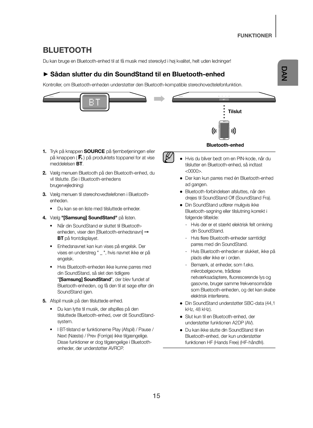 Samsung HW-H600/XE, HW-H610/XE manual + Sådan slutter du din SoundStand til en Bluetooth-enhed, Tilslut Bluetooth-enhed 