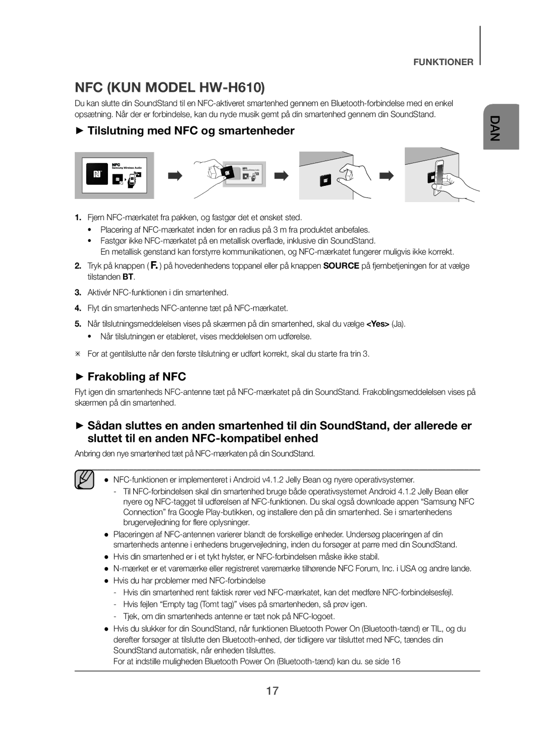 Samsung HW-H600/XE, HW-H610/XE manual NFC KUN Model HW-H610, + Tilslutning med NFC og smartenheder, + Frakobling af NFC 