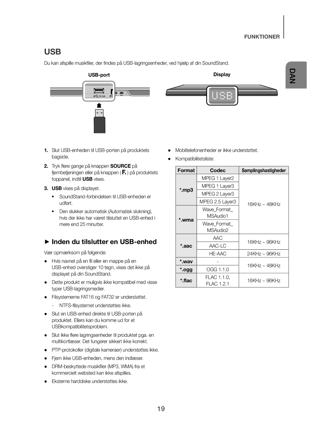 Samsung HW-H600/XE manual + Inden du tilslutter en USB-enhed, USB-port Display, Fjern ikke USB-enheden, mens den indlæser 