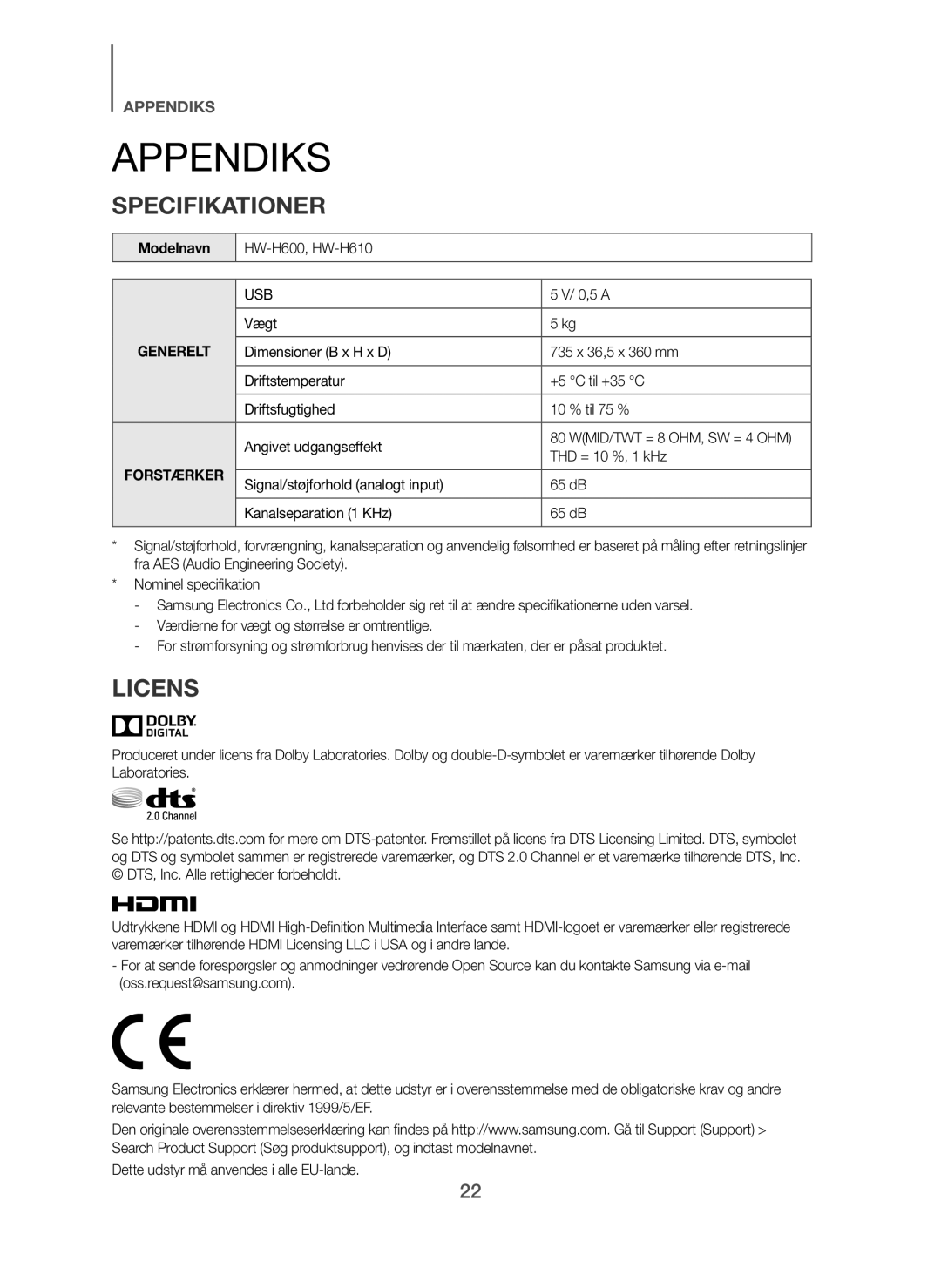 Samsung HW-H610/XE, HW-H600/XE manual Appendiks, Modelnavn, 0,5 a 