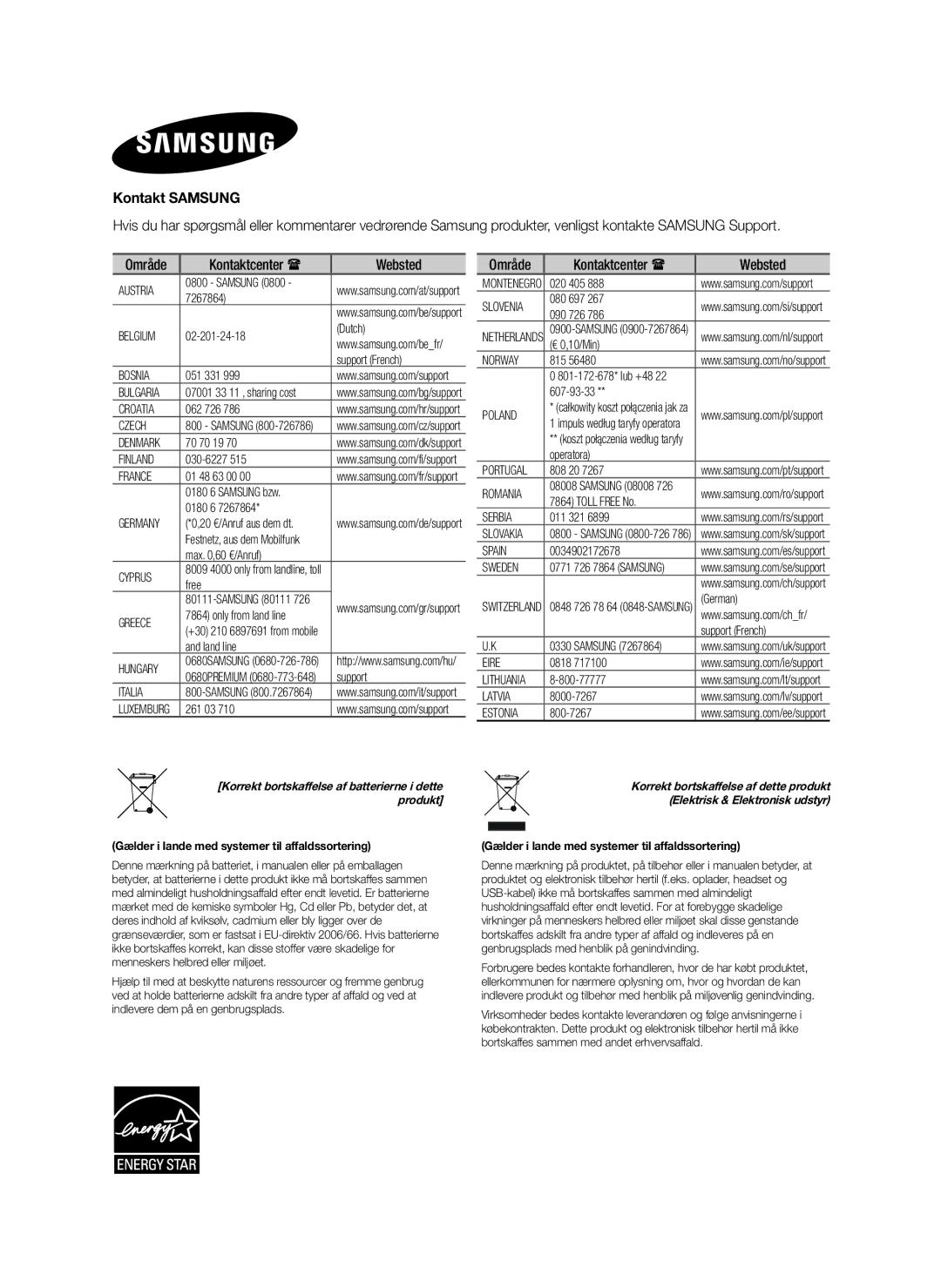 Samsung HW-H600/XE, HW-H610/XE manual Kontakt Samsung, Område Kontaktcenter  Websted 