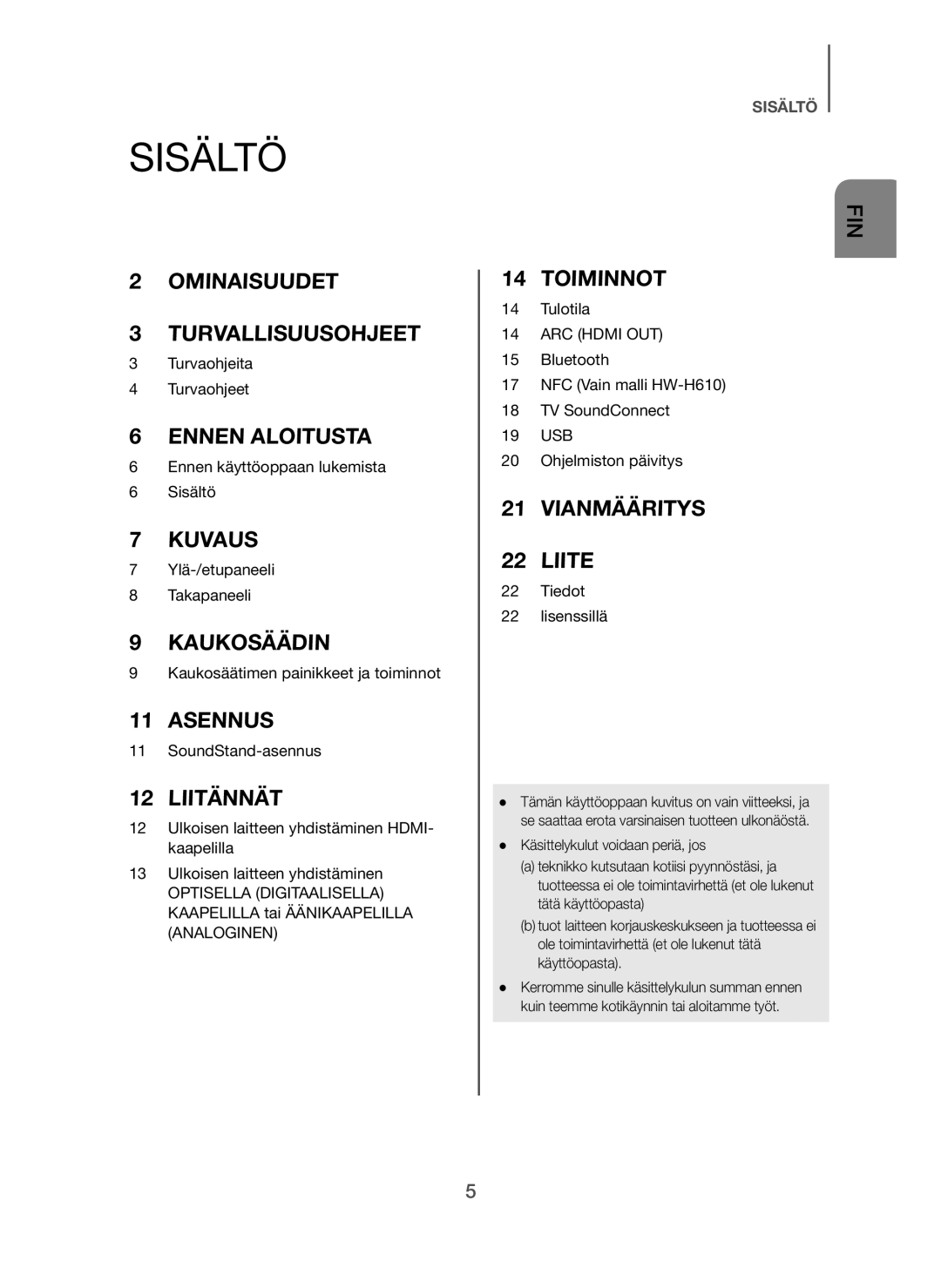 Samsung HW-H610/XE, HW-H600/XE manual Sisältö, Liitännät 