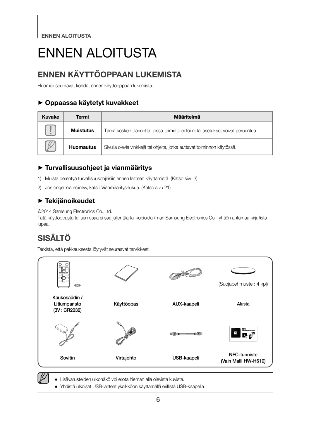 Samsung HW-H600/XE, HW-H610/XE manual Ennen Aloitusta, Ennen Käyttöoppaan Lukemista, Sisältö 