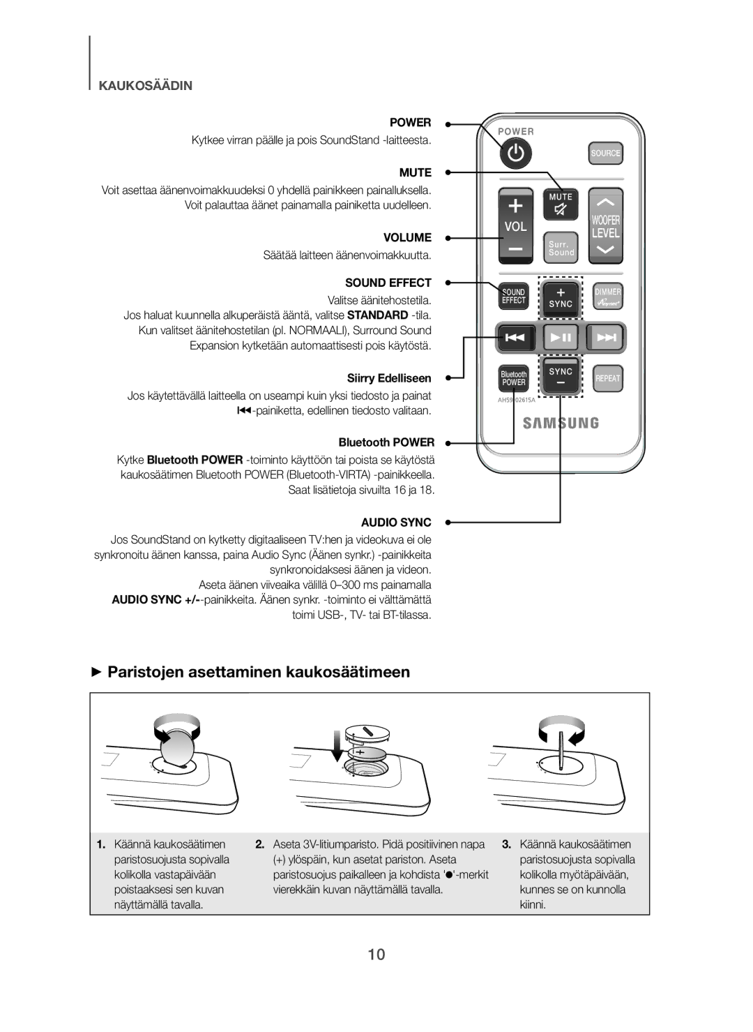 Samsung HW-H600/XE, HW-H610/XE manual + Paristojen asettaminen kaukosäätimeen, Siirry Edelliseen 