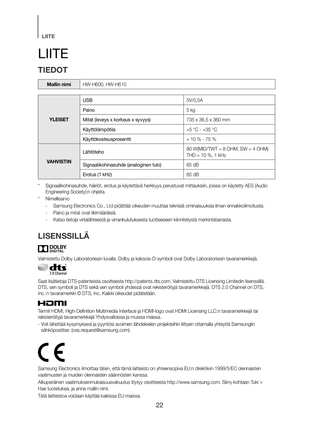 Samsung HW-H600/XE, HW-H610/XE manual Liite, Tiedot, Lisenssillä, Mallin nimi 