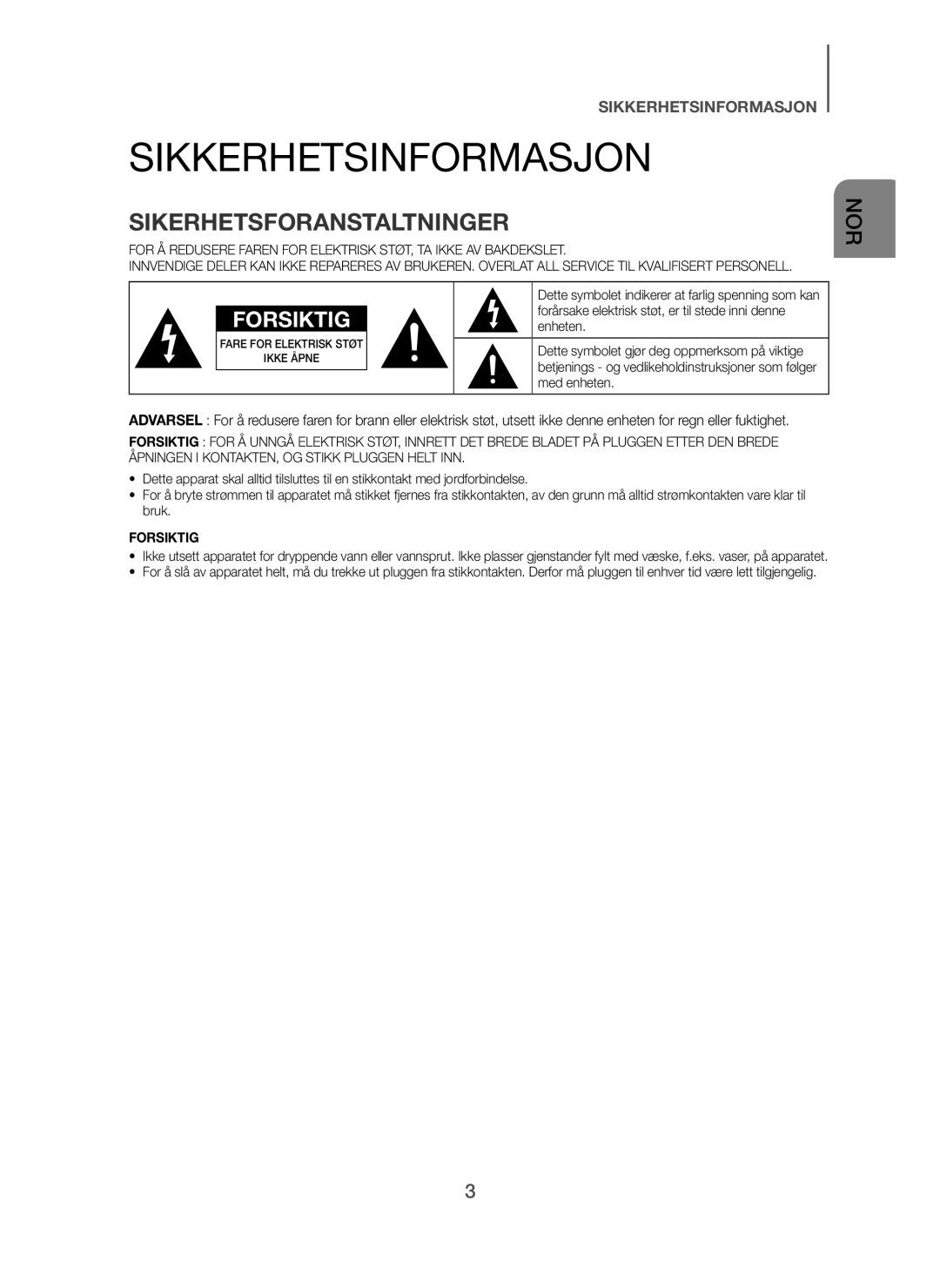 Samsung HW-H600/XE, HW-H610/XE manual Sikkerhetsinformasjon, Sikerhetsforanstaltninger 