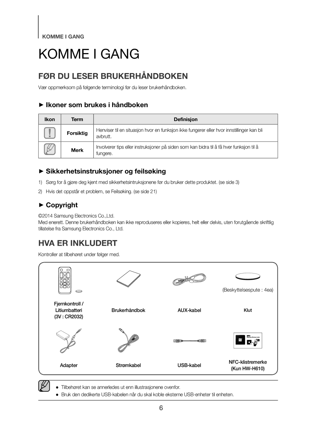 Samsung HW-H610/XE manual Komme I Gang, FØR DU Leser Brukerhåndboken, HVA ER Inkludert, + Ikoner som brukes i håndboken 