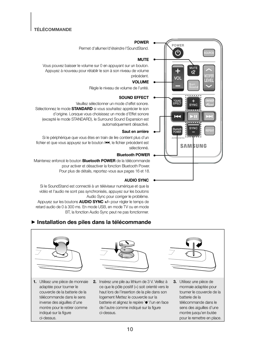 Samsung HW-H610/ZF, HW-H600/ZF manual + Installation des piles dans la télécommande, Saut en arrière, Bluetooth Power 