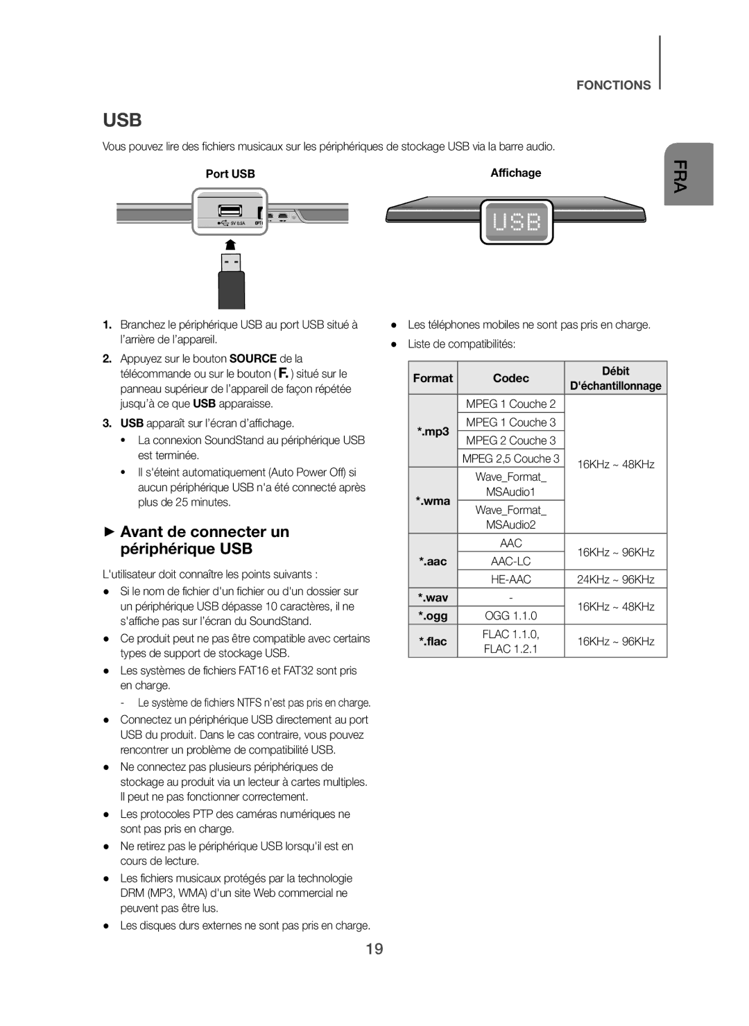 Samsung HW-H600/ZF, HW-H610/ZF Usb, + Avant de connecter un périphérique USB, Port USB Affichage, Format Codec Débit, Ogg 