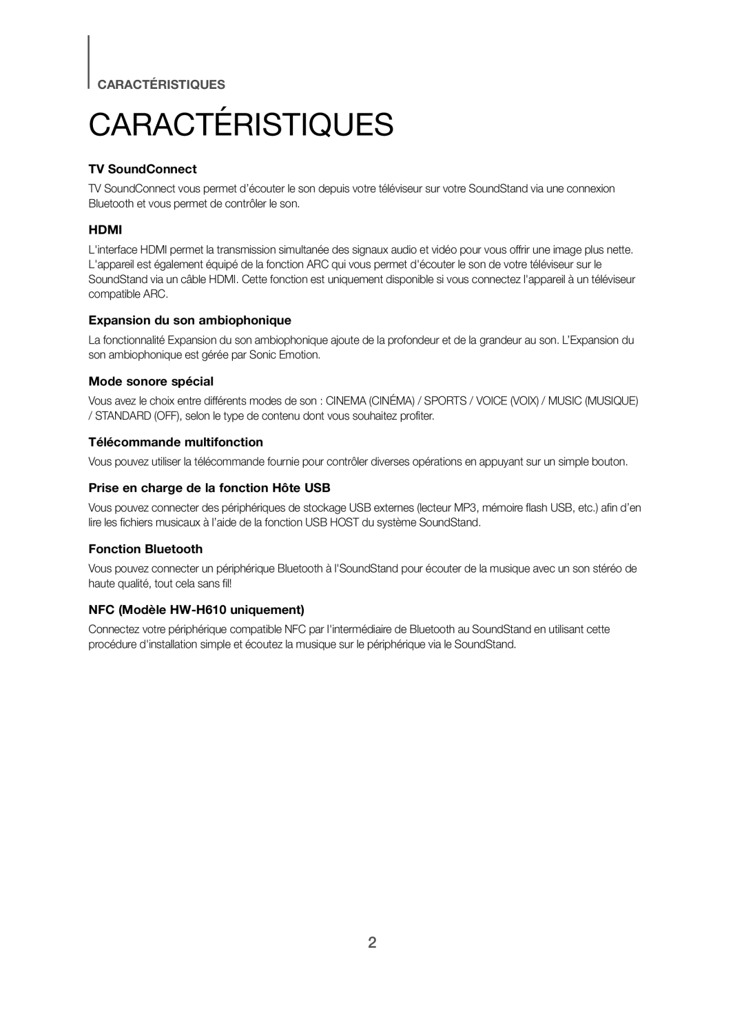 Samsung HW-H610/ZF, HW-H600/ZF manual Caractéristiques, TV SoundConnect 